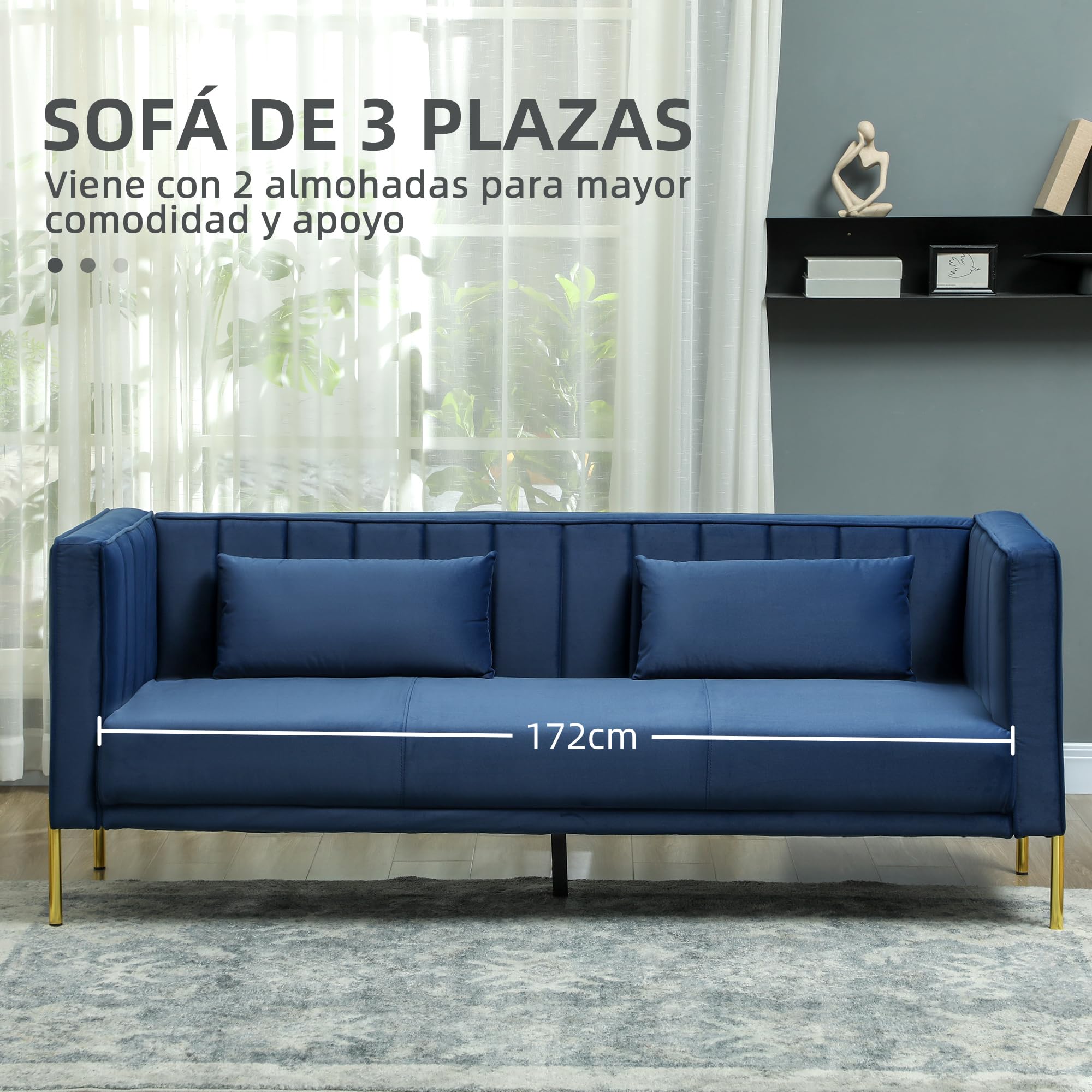 HOMCOM Sofá de 3 Plazas con Tapizado en Terciopelo 194,5 cm Azul Marino | Sofá de Salón, para Sala de Estar, 2 Cojines, Reposabrazos, Patas Doradas