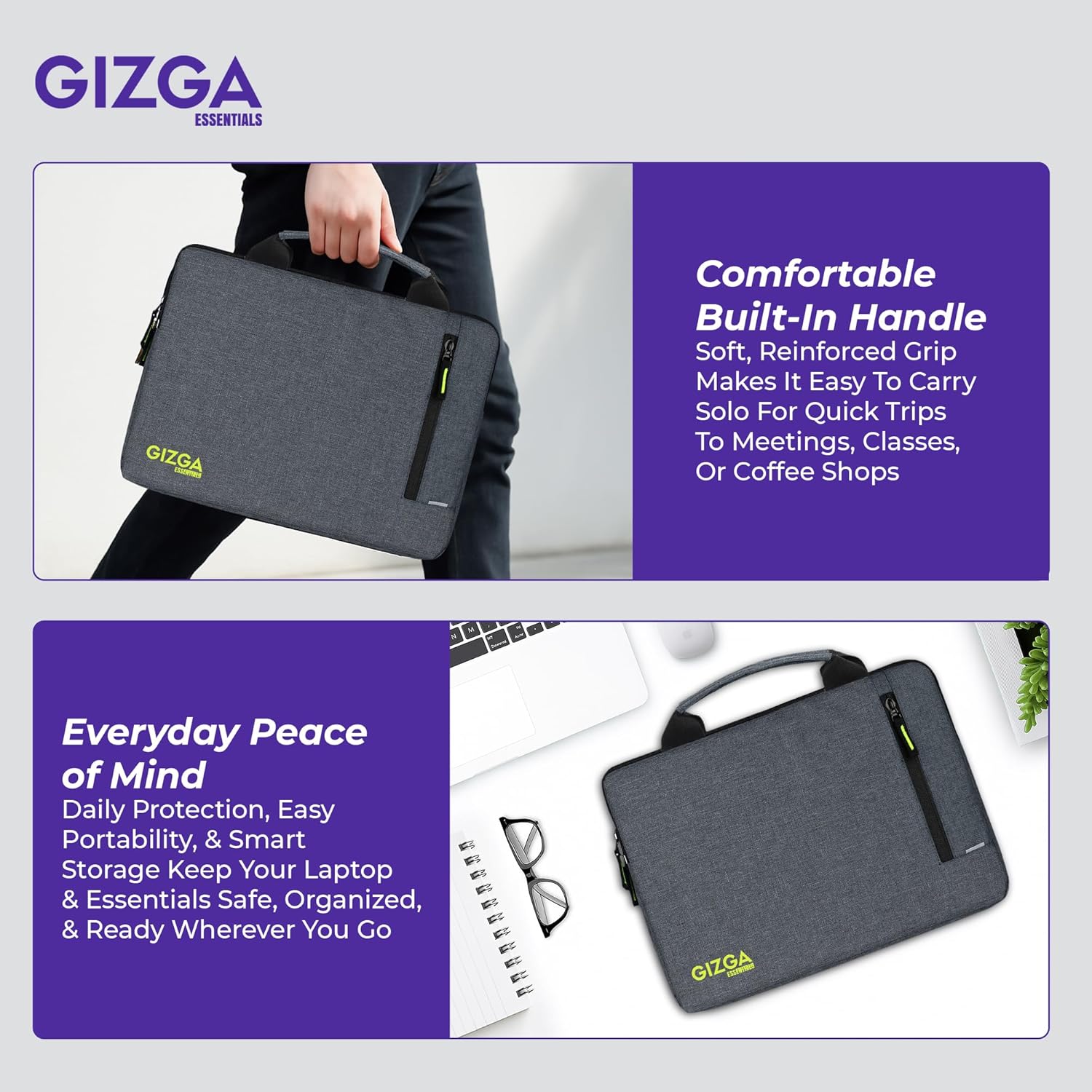 Gizga Essentials 13.3 Inch Laptop Sleeve Case Cover Pouch Bag with Handle & Front Pocket| Slim & Water-Resistant Nylon Fabric with Shockproof Foam Padding, Soft Lining & Premium Zipper Closure (Grey) 43 81og0kLSnBL. SL1500
