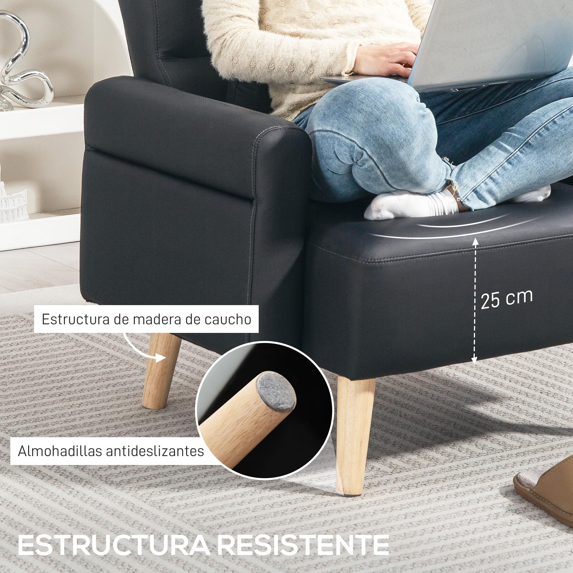 HOMCOM Sillón de Salón Tapizado en Cuero Sintético Butaca de Salón de 77 cm con Reposabrazos Acolchado Grueso Respaldo Acanalado y Patas de Madera para Dormitorio Sala de Estar Negro