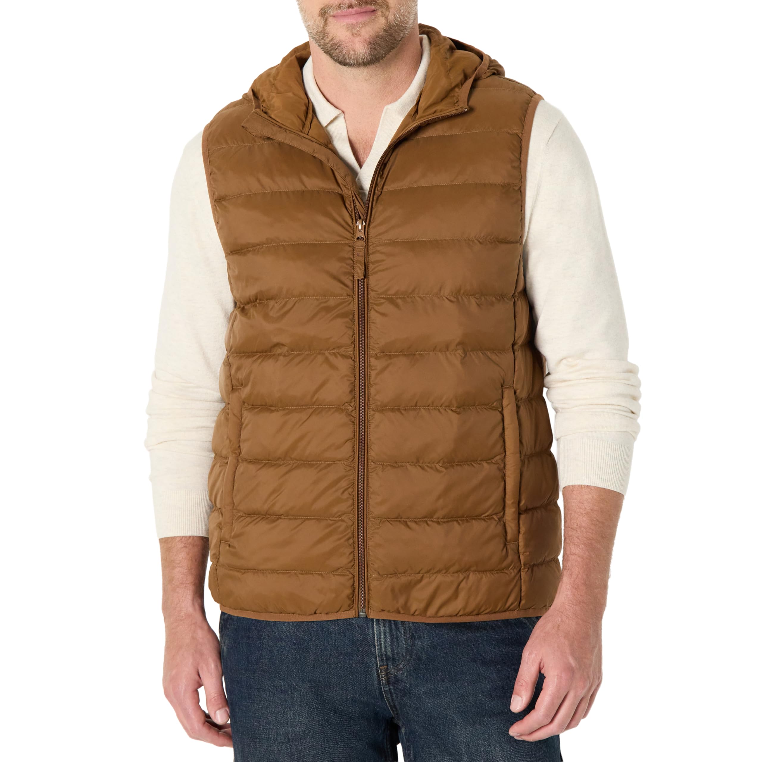Photo 1 of Amazon Essentials Men's Regular-Fit Lightweight Water-Resistant Hooded Puffer Vest, Brown, Small