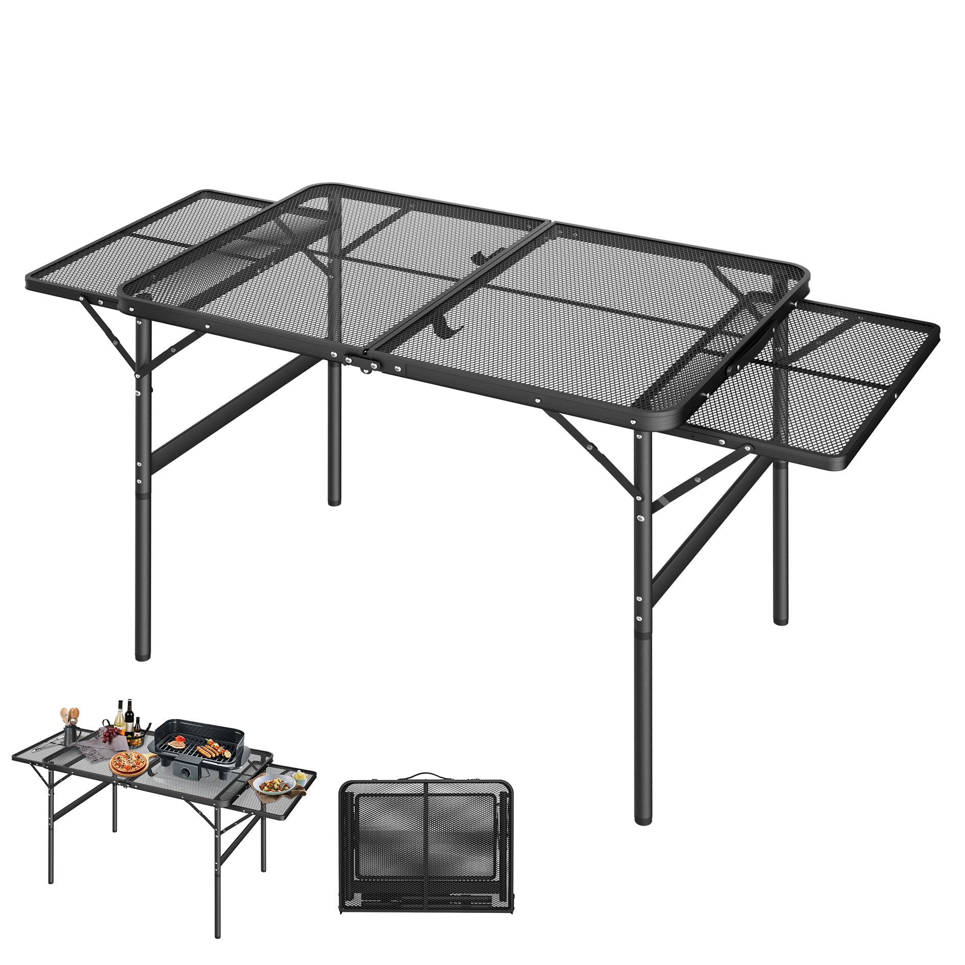 Tragbarer Campingtisch 90x60cm, Höhenverstellbar & Klappbar Gartentisch mit Metallgitterplatte, Erweiterbarer Grilltisch für Camping, Picknick, Garten, Outdoor