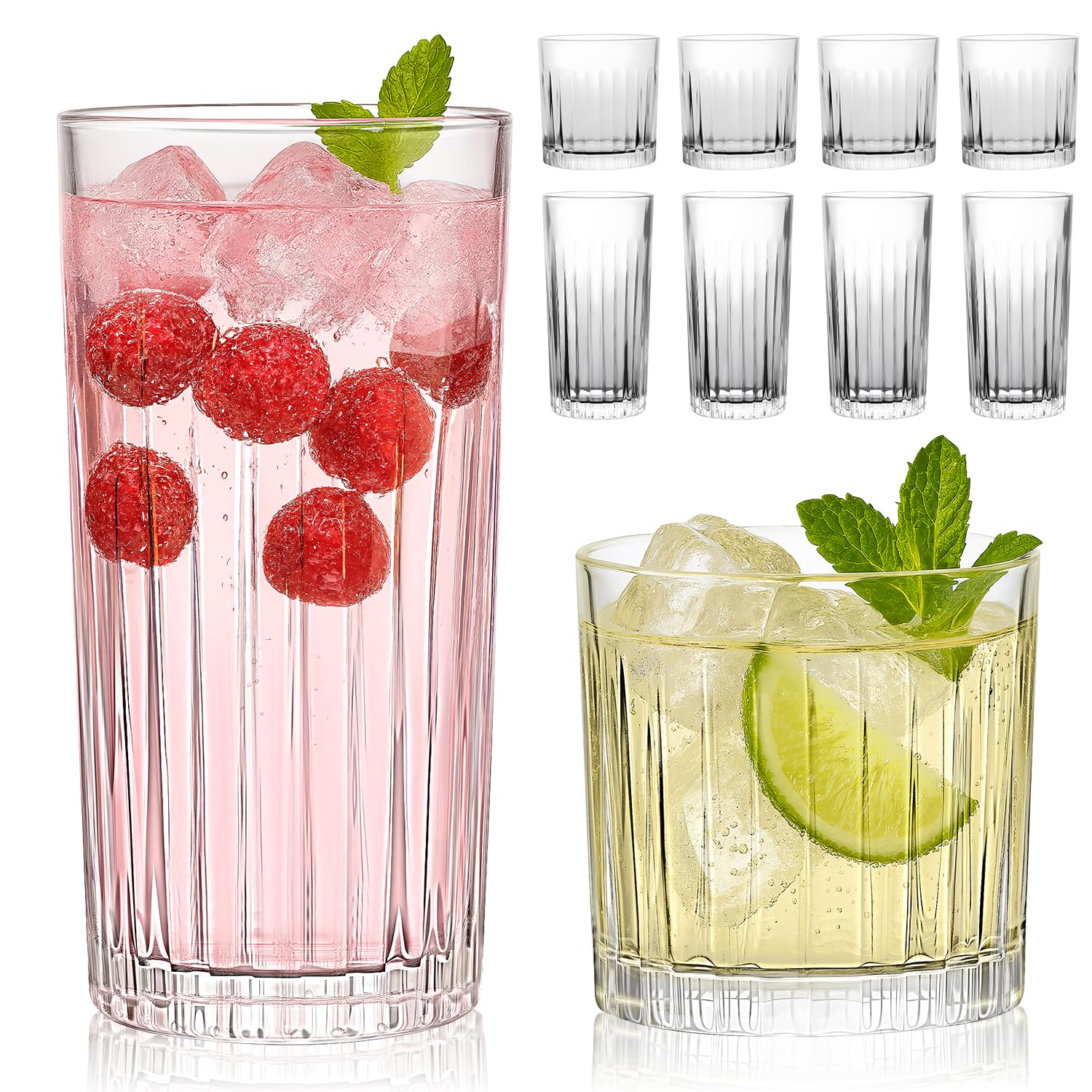 Laerjin Drinking Glasses Set of 8 12 oz Highball Glasses 10 oz Cocktail Glasses Set Ribbed Glass Cups