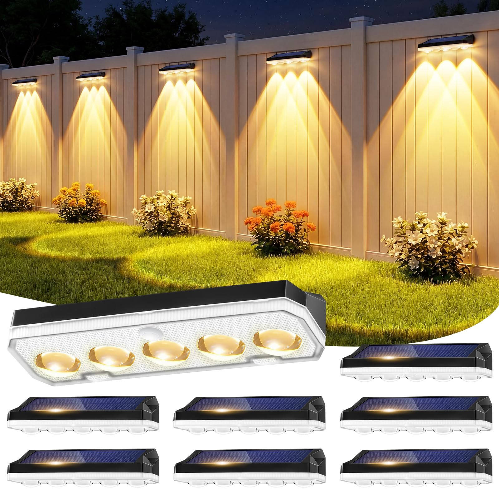 Wonkelly Solar Fence Lights Outdoor, 8 Pack Solar Lights Outdoor Garden Warm White/Cool White& RGB 8 Colors, 5 Lens 40 Lighting Modes, IP65 Waterproof, Outside Wall Light for Garage, Yard, Pathway