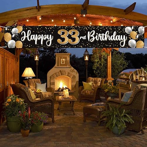 Vista 124 de Cartel de feliz cumpleaños 25 negro y dorado para patio, cartel de felicitación a 25 años de edad, telón de fondo fotoprop para el hogar, decoración