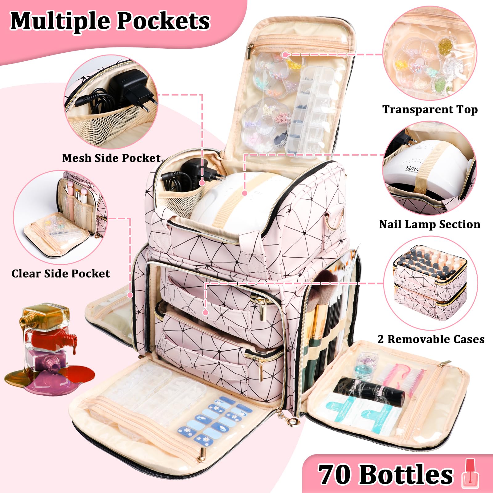 Veirdro Bolsa organizadora de esmalte de uñas, almacenamiento de hombro de piel sintética con 2 fundas extraíbles y lámpara de uñas, capacidad para 70 botellas, mochila de viaje portátil para