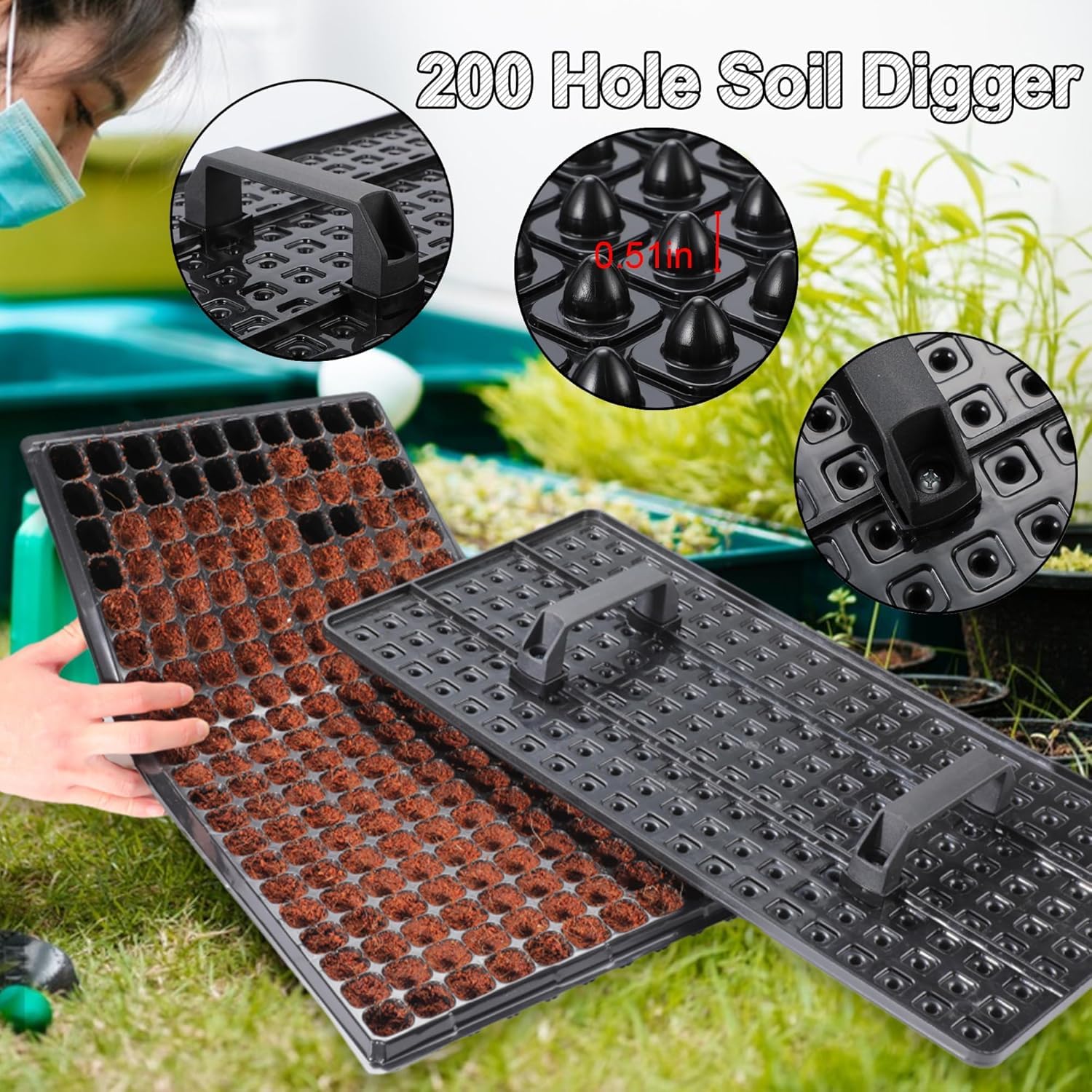 Bandejas de inicio de semillas de 200 celdas con dibber, paquete de 10 bandejas de inicio de vivero con bandeja base, excavadora de tierra de 200 agujeros para colocar rápidamente, bandeja de