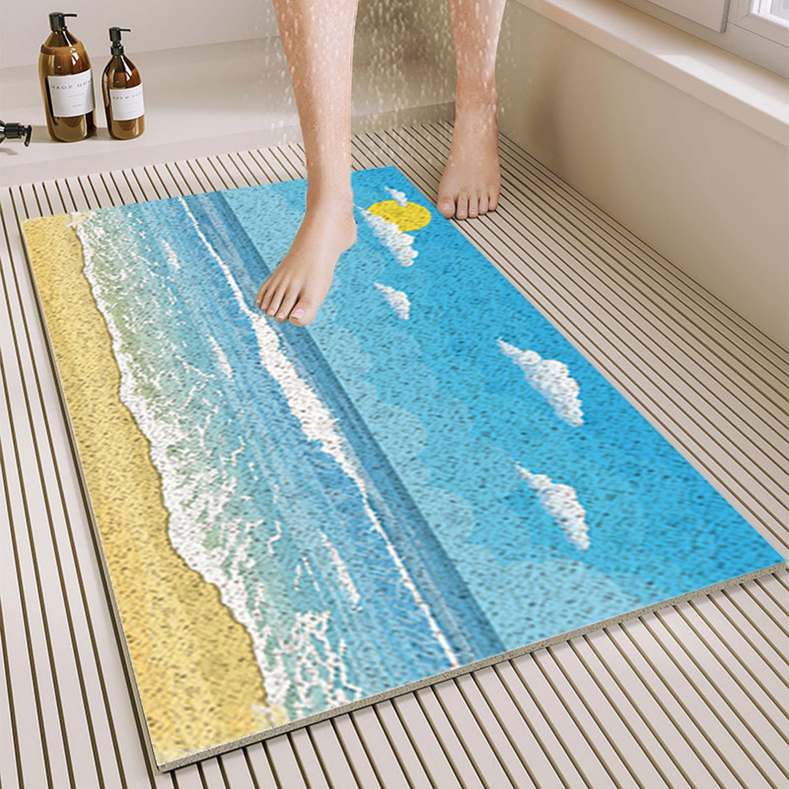 Badematte rutschfest 120X140 cm Strand Meer Wellen Duschmatten PVC Luffa Duschvorleger Weich mit Ablaufloch ohne Saugnäpfe für Duschkabine und Nassbereiche