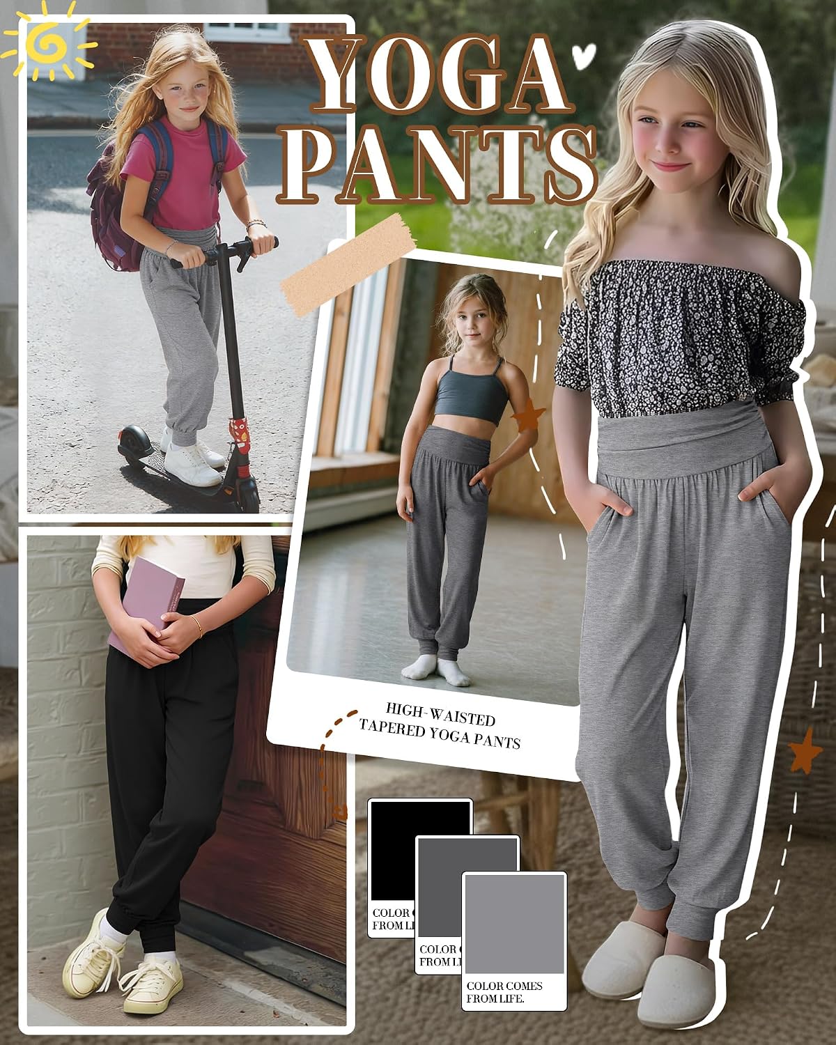 Oakgarden 3 Pack Girls' School Uniform Pants Loose Leggings Casual Joggers Active Sweatpants with Pockets for Kids 5-14 Years