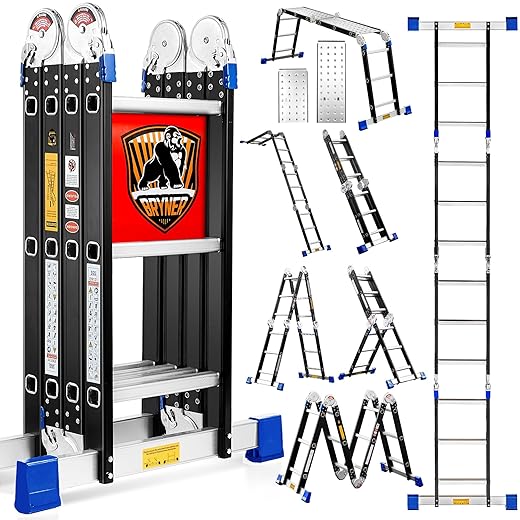 Ladder, Bryner 7 in 1 Multi-Purpose Ladder Aluminium Extension Ladder 12Ft Folding Adjustable Telescoping Step Ladder Heavy Duty Ladders Meet SGS EN 131 Standard 530lbs