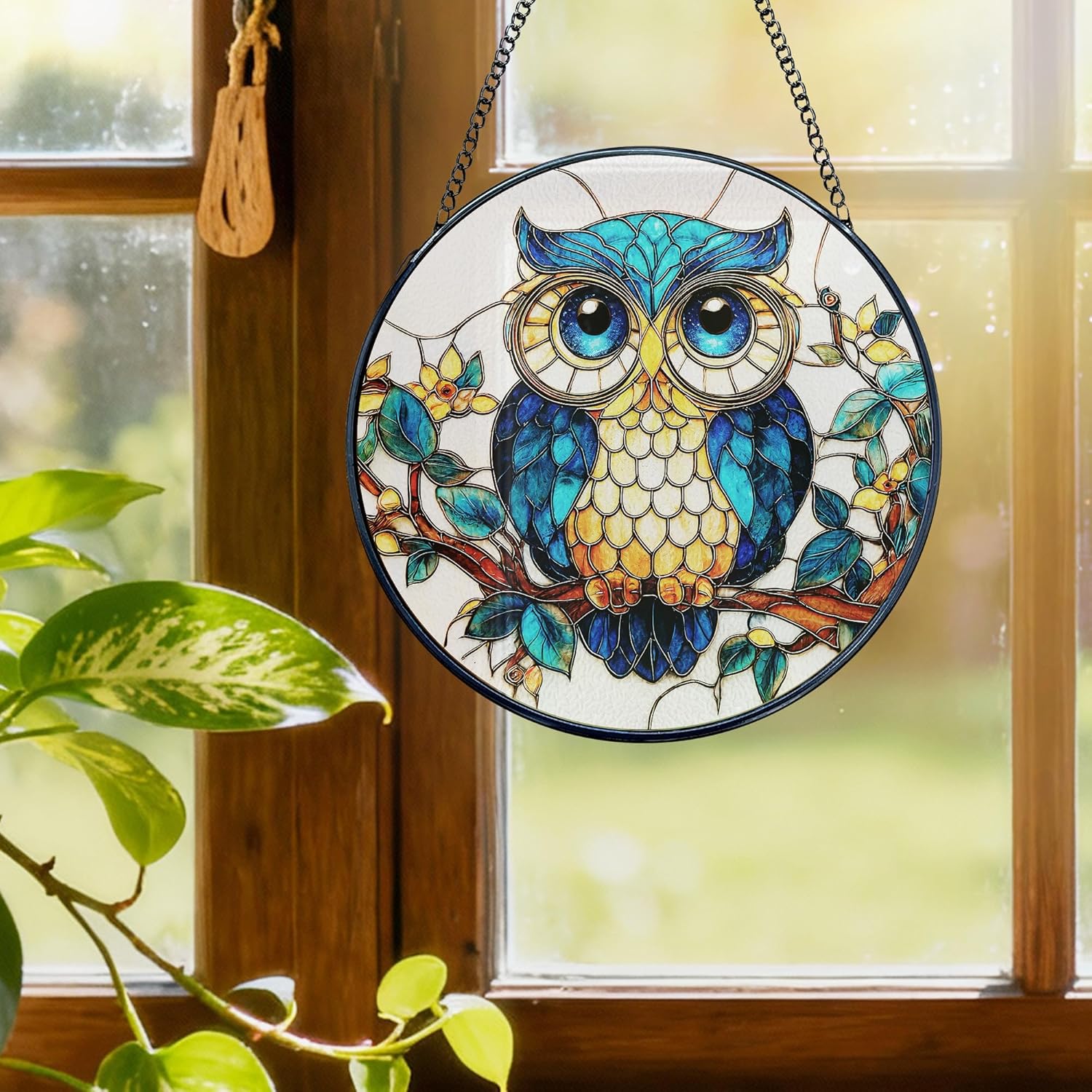 Owl Stained Glass Window Hanging, Owl Bird Suncatcher, Bird Sun Catchers Indoor Window Round Glass Wall Art Hanging Decorations, 7.9x7.9in