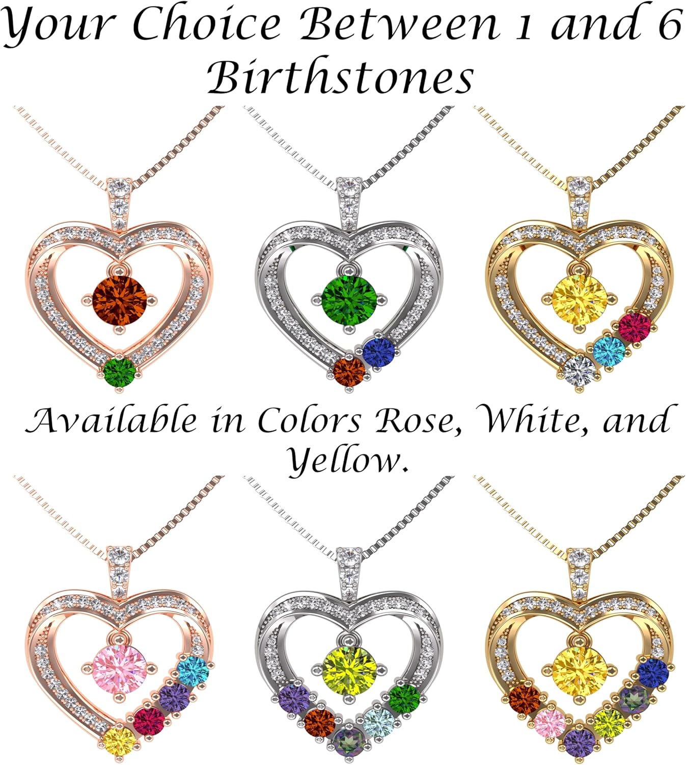 Central Diamond Center Mother & Child Heart Birthstone Necklace w/ 1-6 Simulated Gemstones in Sterling Silver, 10K, or 14K Gold