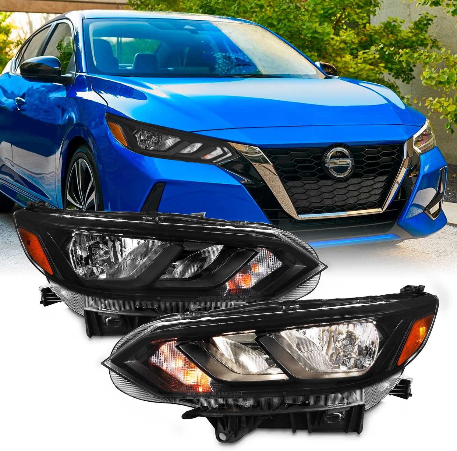 AKKON - Fit 2020 2021 2022 Sentra S/SV 4-Door Sedan [Halogen Type] w/o LED Black OE Style Headlight Assembly - Pair