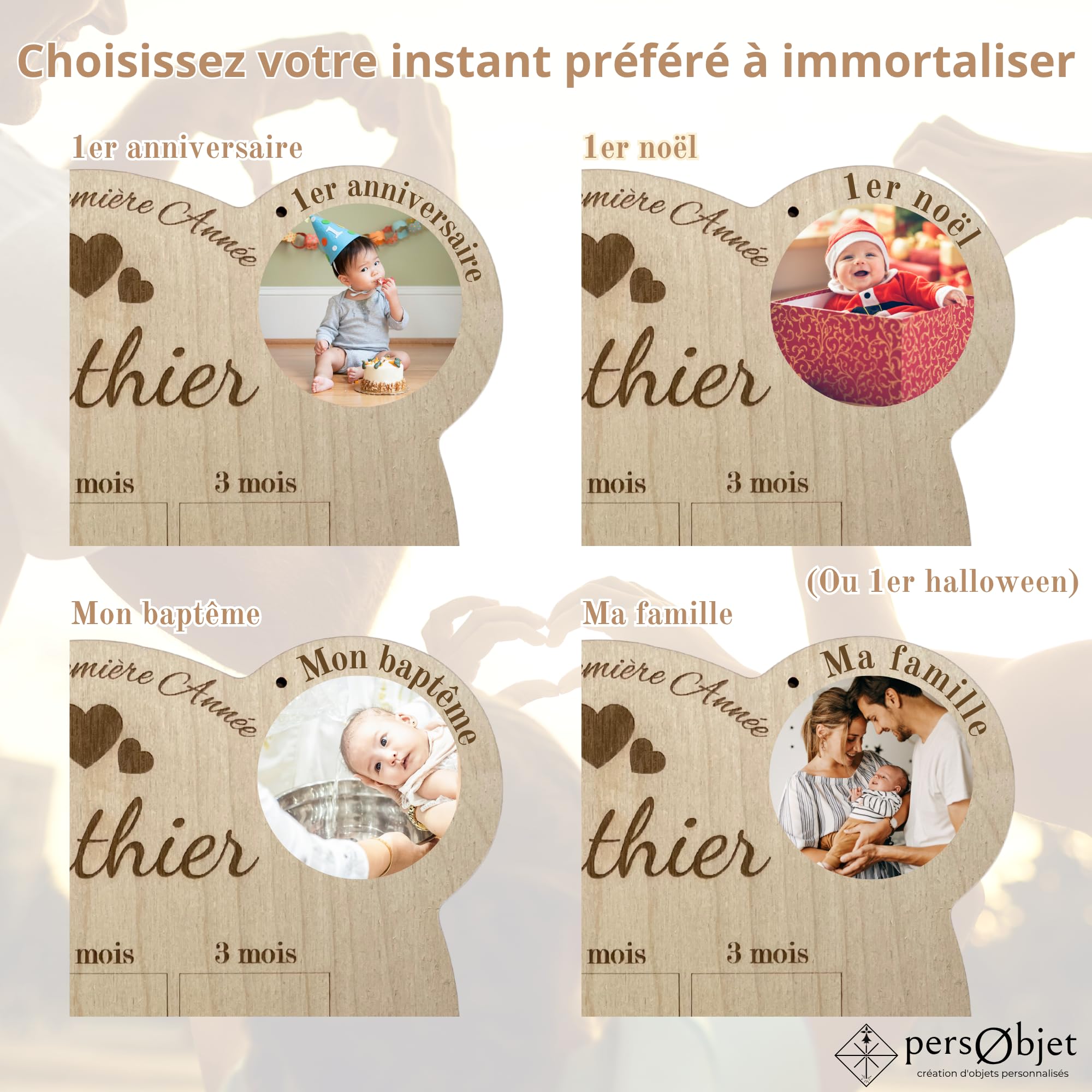 Cadre Photos Pêle-Mêle Ours en Bois Personnalisé - Souvenirs Première Année Bébé - Cadeau Naissance Baptême Décoration Chambre Enfant