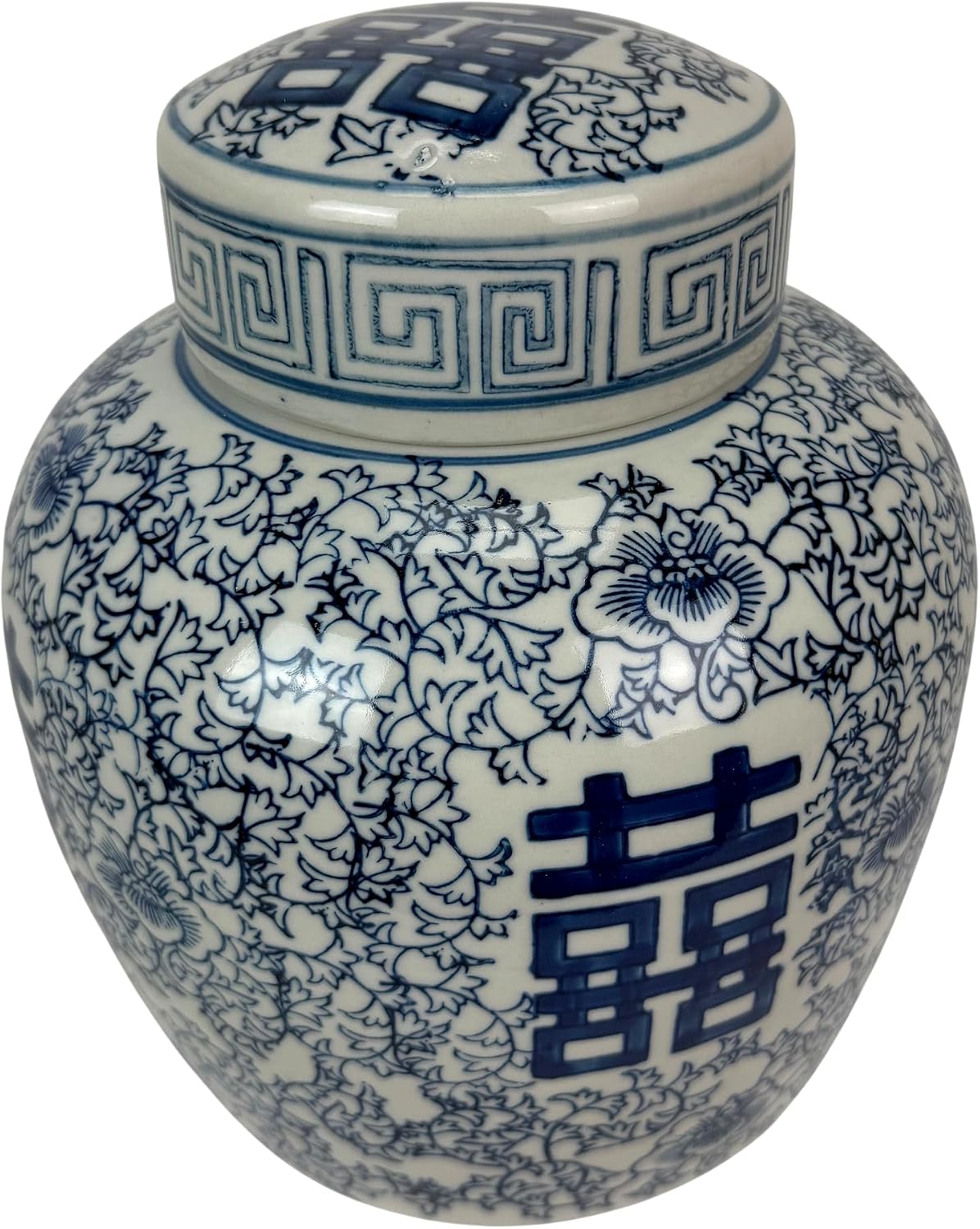 Things2die4 Decorative Ginger Jar with Lid, Blue and White Porcelain Double Happiness Jar, 9.5 Inch Glossy Chinoiserie Accent for Console Table, Shelf, Mantel, Entryway or Bookcase