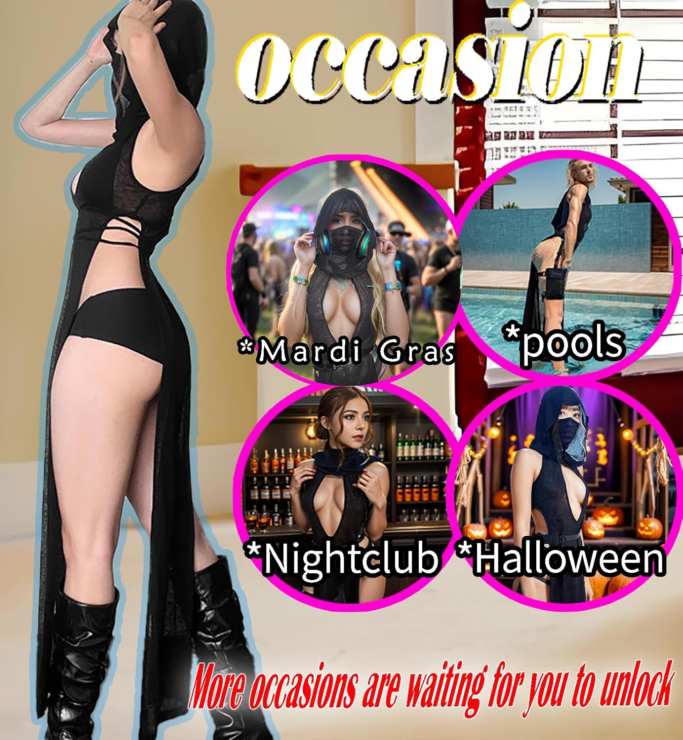 Women Goth Sheer Dress, Mock Neck Sleeveless Rave High Slit Dress with Hooded, EDM Music Festival Outfits - Image 6