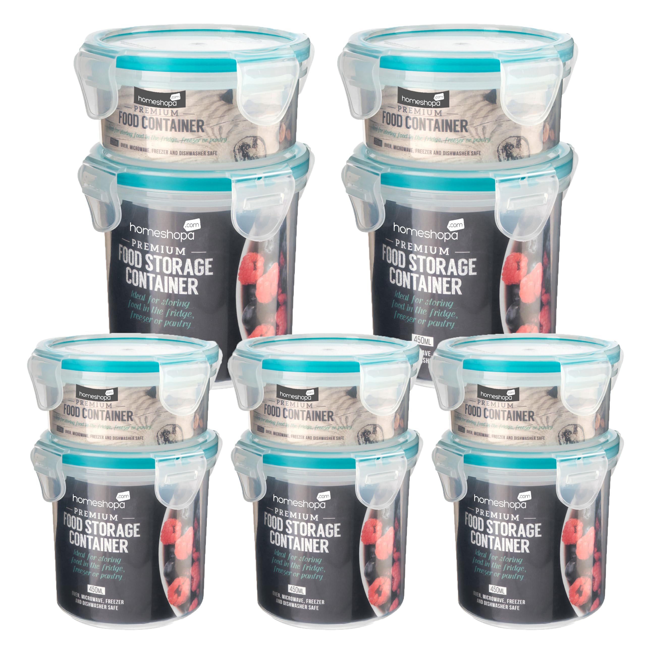 HOMESHOPA Round Food Storage Containers with Lids, Plastic Airtight & Watertight Leakproof Mason Jars for Overnight Oats with Locking Lid, BPA Free Microwave & Dishwasher Safe (5 Pack, 220 & 450ml)
