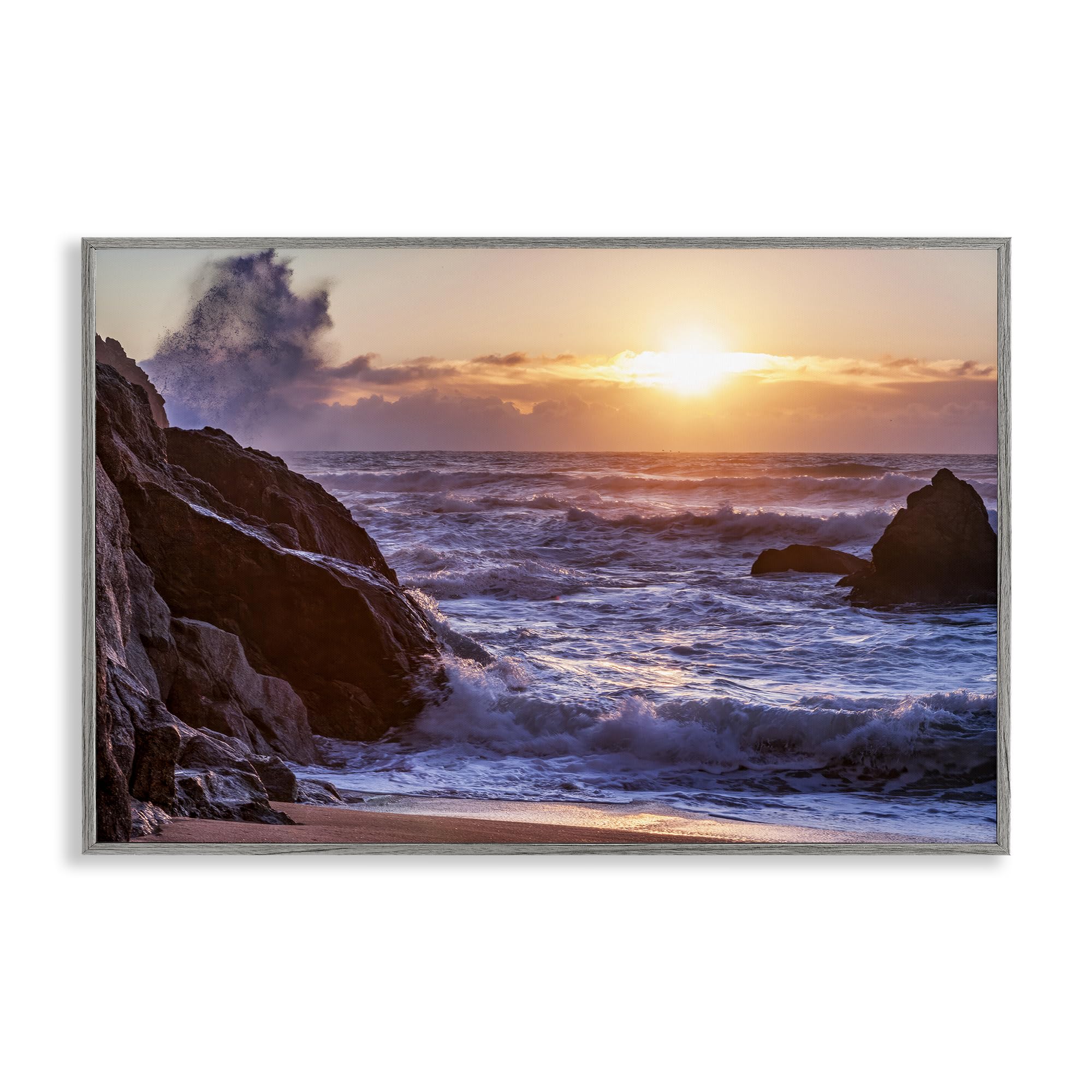 Stupell Industries Farmhouse Gray (Textured) Rocky Shore Ocean Horizon Landscape, 20 X 30 Inch Framed Giclée Print
