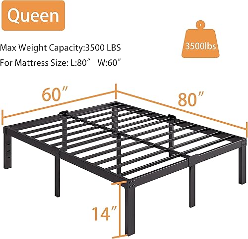 Miniatura 2 de Marco de cama Queen de 14 pulgadas, marco de plataforma de metal, no necesita somier, acero resistente negro resistente, fácil montaje, con