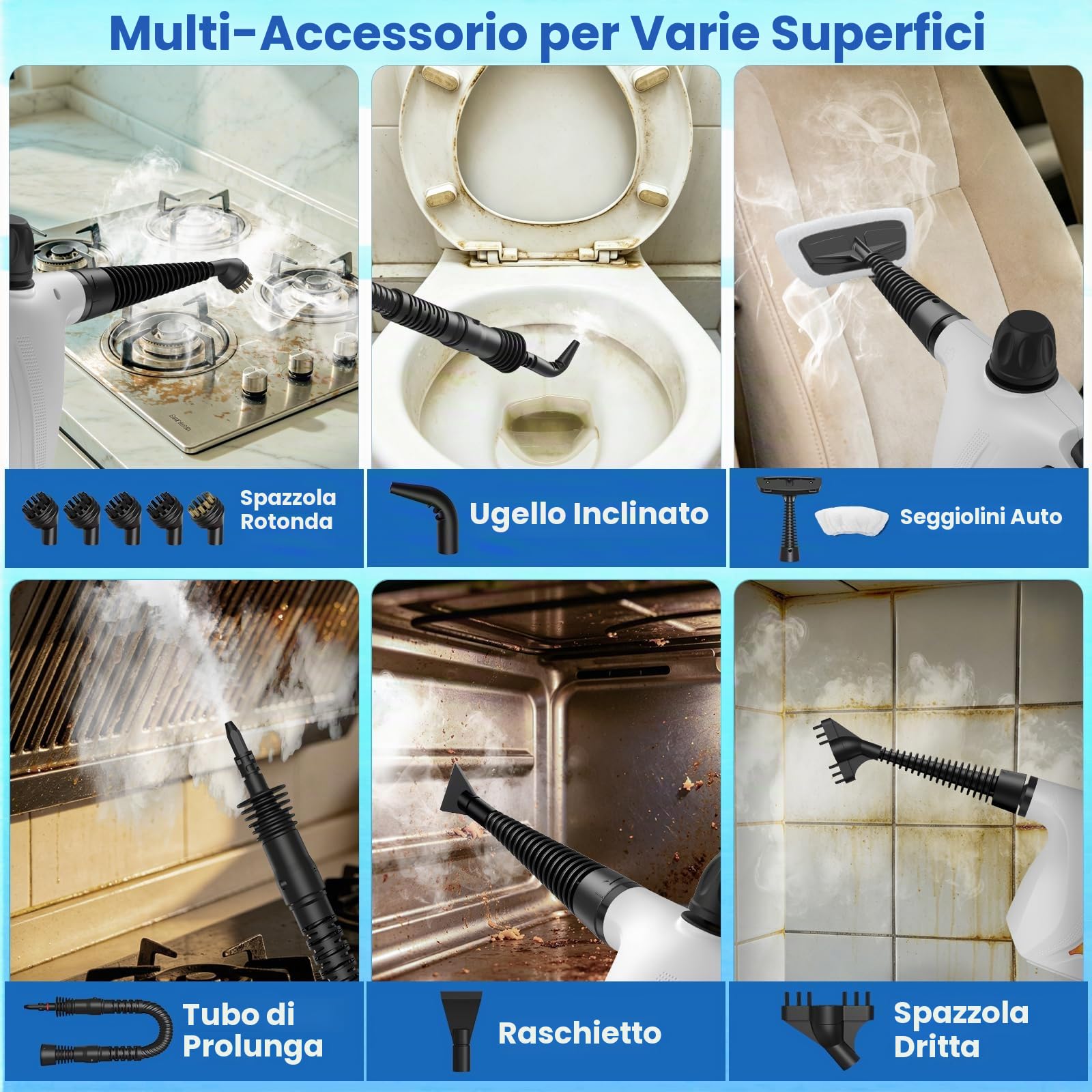 Pistola a Vapore con blocco di sicurezza e 14 accessori, adatto per bagni, cucine, mobili, tessili, fughe e piani cottura. (bianco)