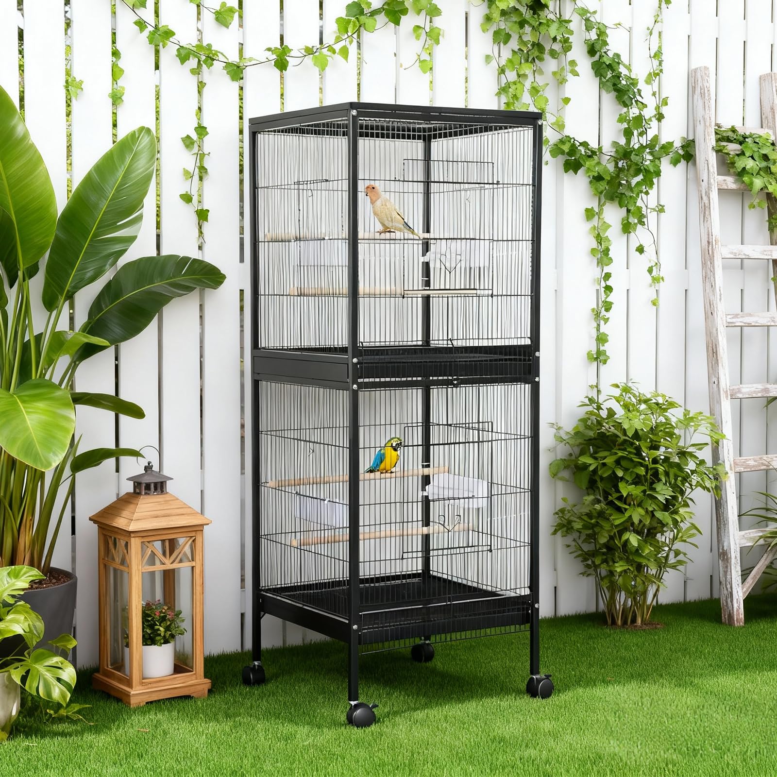 Vogelkäfig Groß 52 x 50x143cm, Papageienkäfig mit Ständer, Voliere auf Rollen, Birdcage mit 4 Sitzstangen, Vogelvoliere mit Rollen, Nymphensittich Käfig, Vogelkäfig Wellensittich