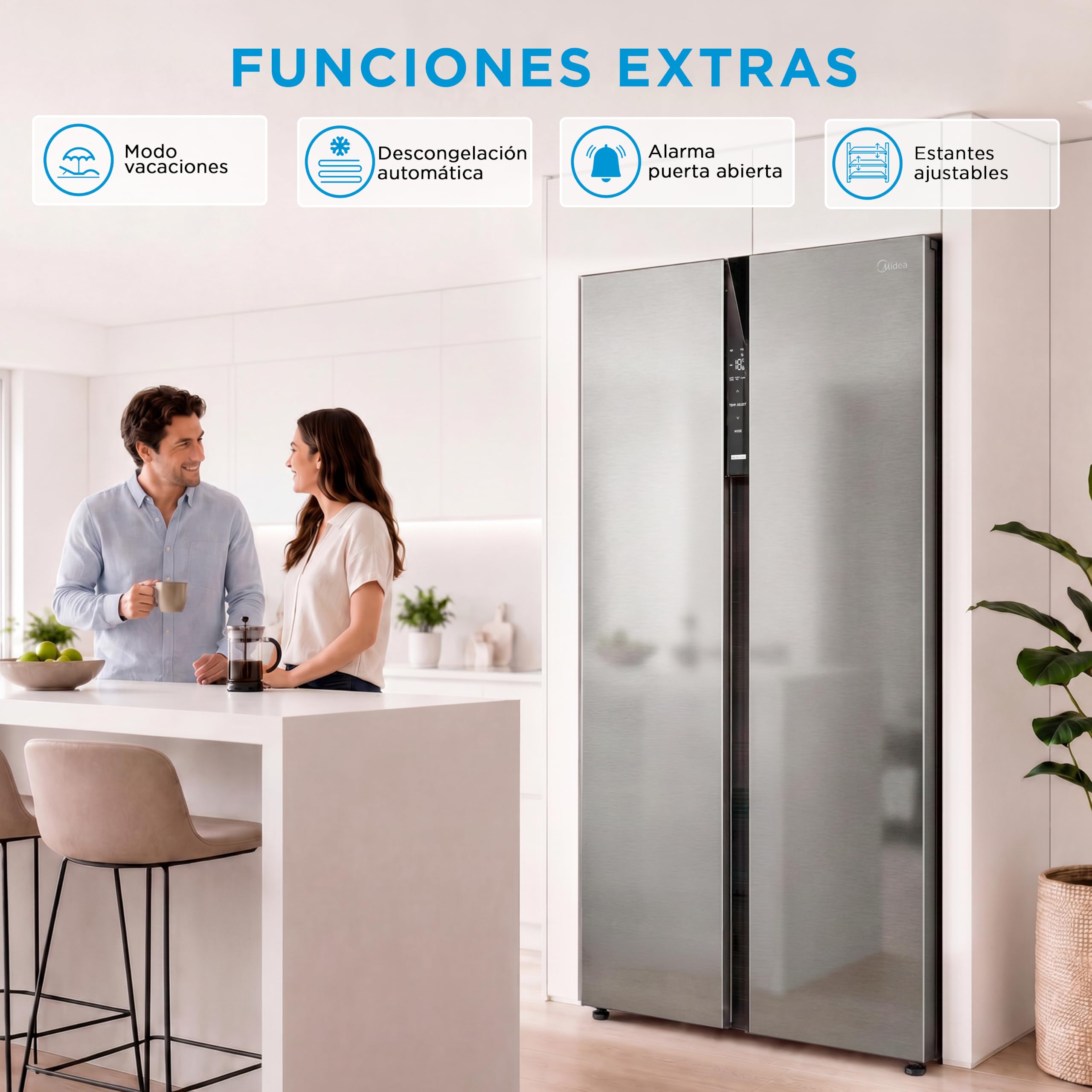 MIDEA Frigorifico Americano No Frost, 548L, 176 x 89,7 cm, Motor inverter | Nevera Americana con Congelador, Silencioso 35 db,Panel táctil, Multi air flow, Bajo consumo, Frigorifico combinado 3 modos
