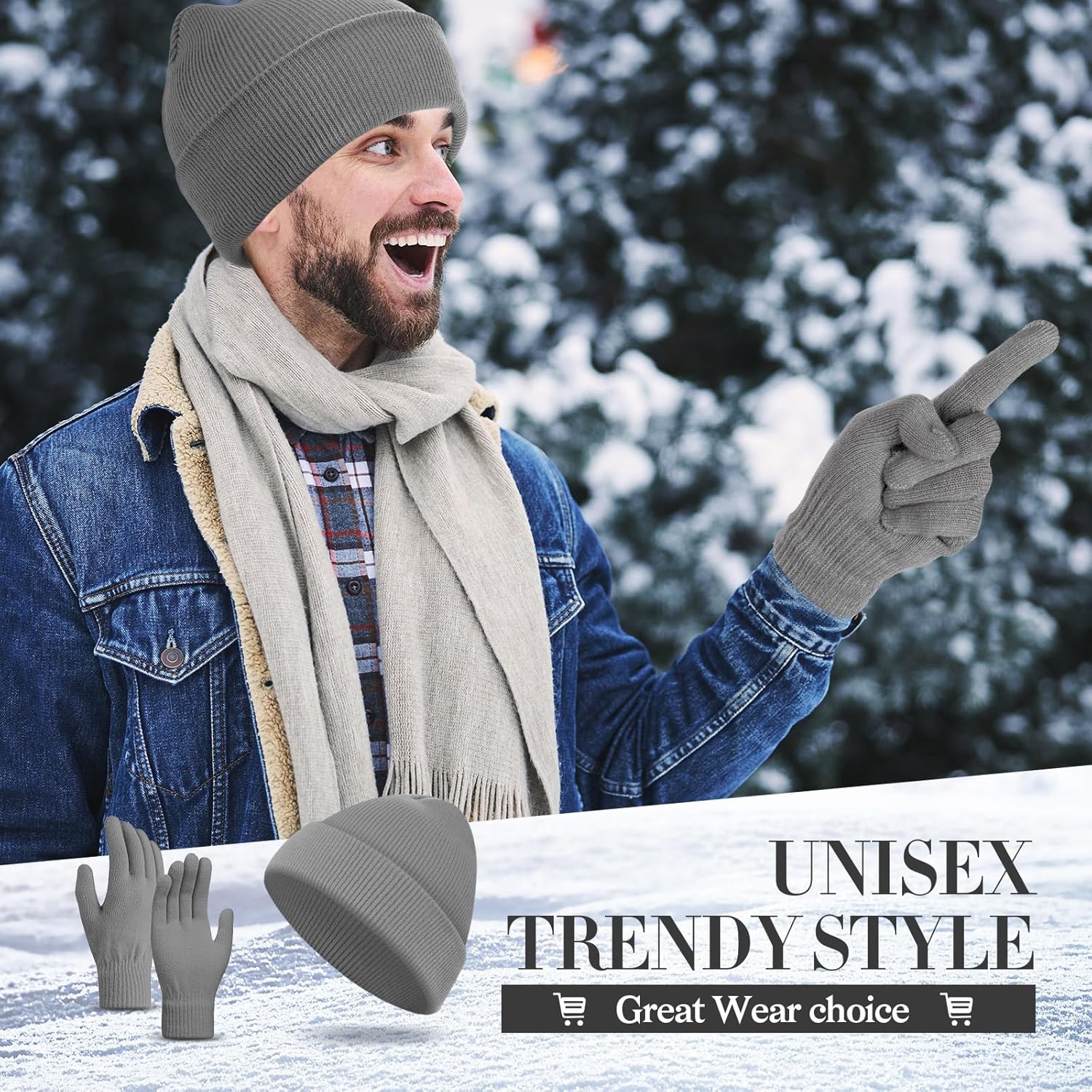 Winter Beanie Hat Gloves Set, Soft Knitted Hat Stretchy Gloves Warm Skull Cap Set for Women Men Gifts - Image 4