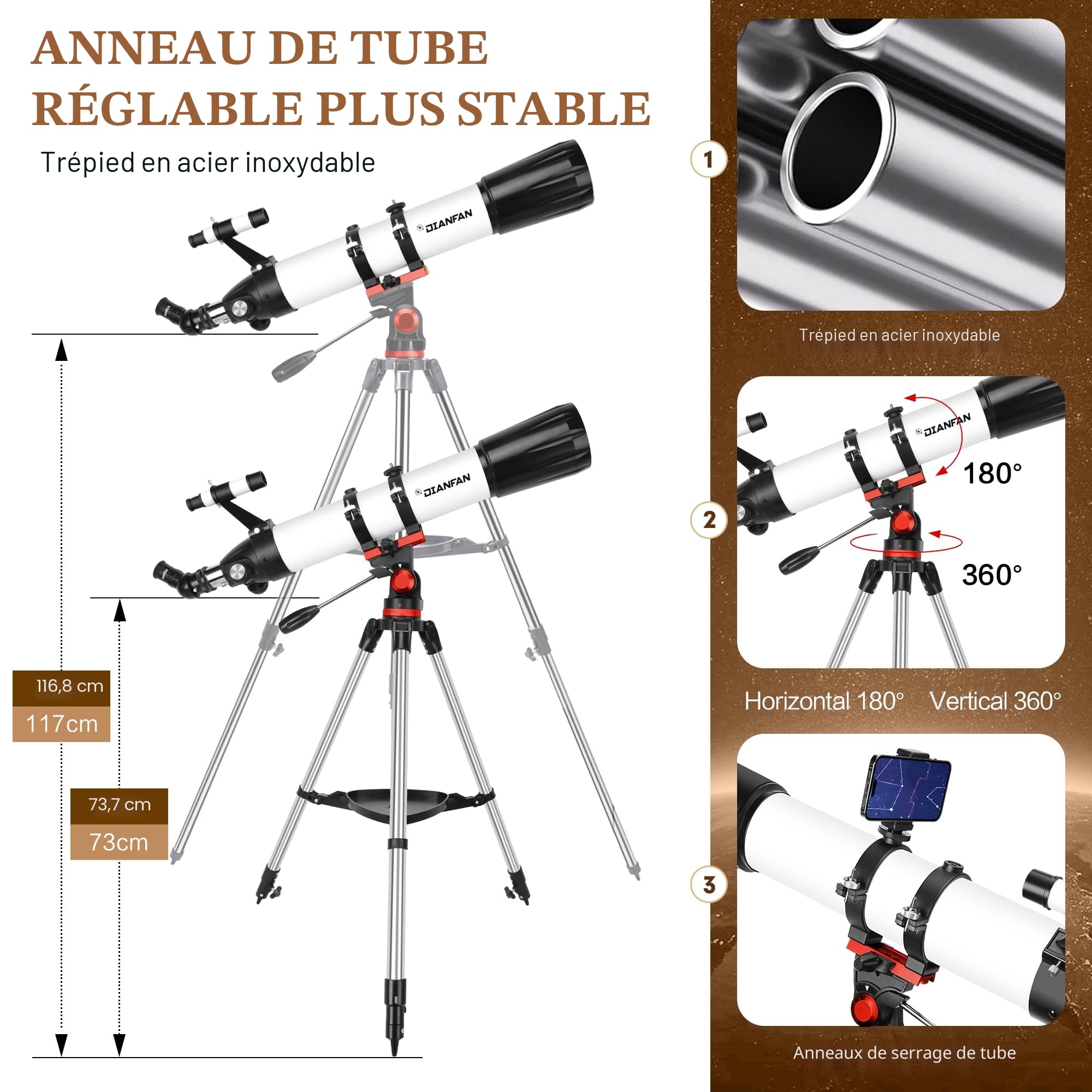 Dianfan Télescope,90 mm Ouverture 800 Telescope Astronomique Adulte,32X-240X Portable Réfracteur Télescopes pour Enfants et Débutants avec Adaptateur, Monture AZ et Trépied en INOX,Sac de Transport