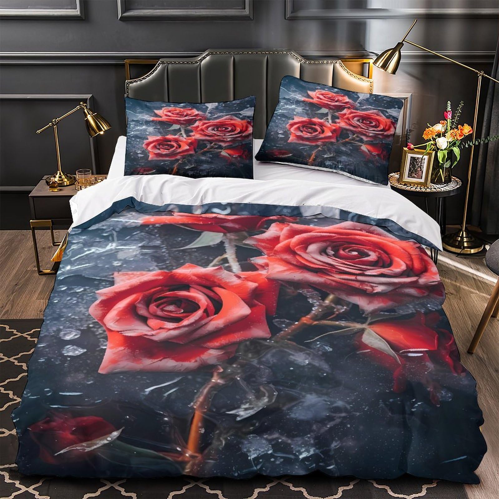 Housse de couette 200x200 microfibre ultra douce cœur de roses 3D