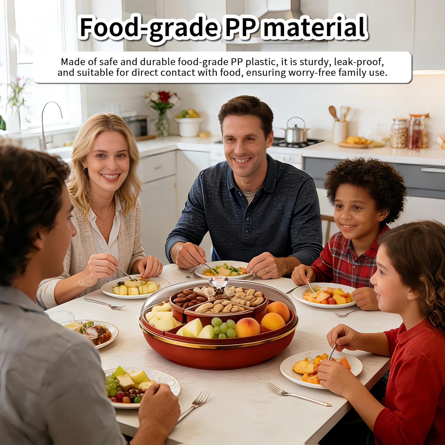 Large 8-Compartment Rotating Snack Tray with Lid, Food Grade PP Divided Serving Tray with Removable Dividers, 360° Spin for Party, Fridge Storage, Fruits & Nuts(Full House red)