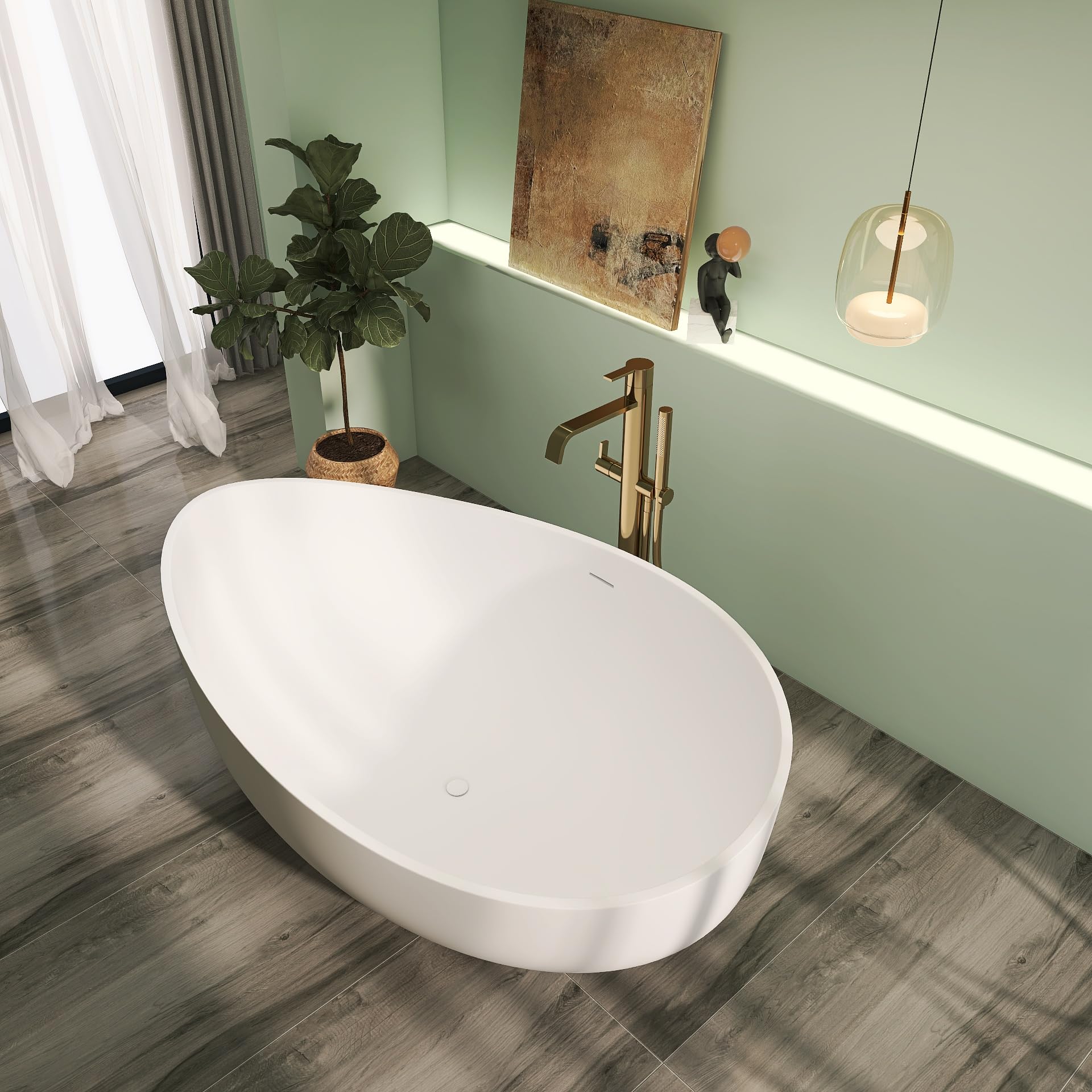 Vasca da bagno indipendente con superficie solida di alta qualità, 180,3 cm, vasca ovale in resina con troppopieno e scarico pop-up, bianco opaco