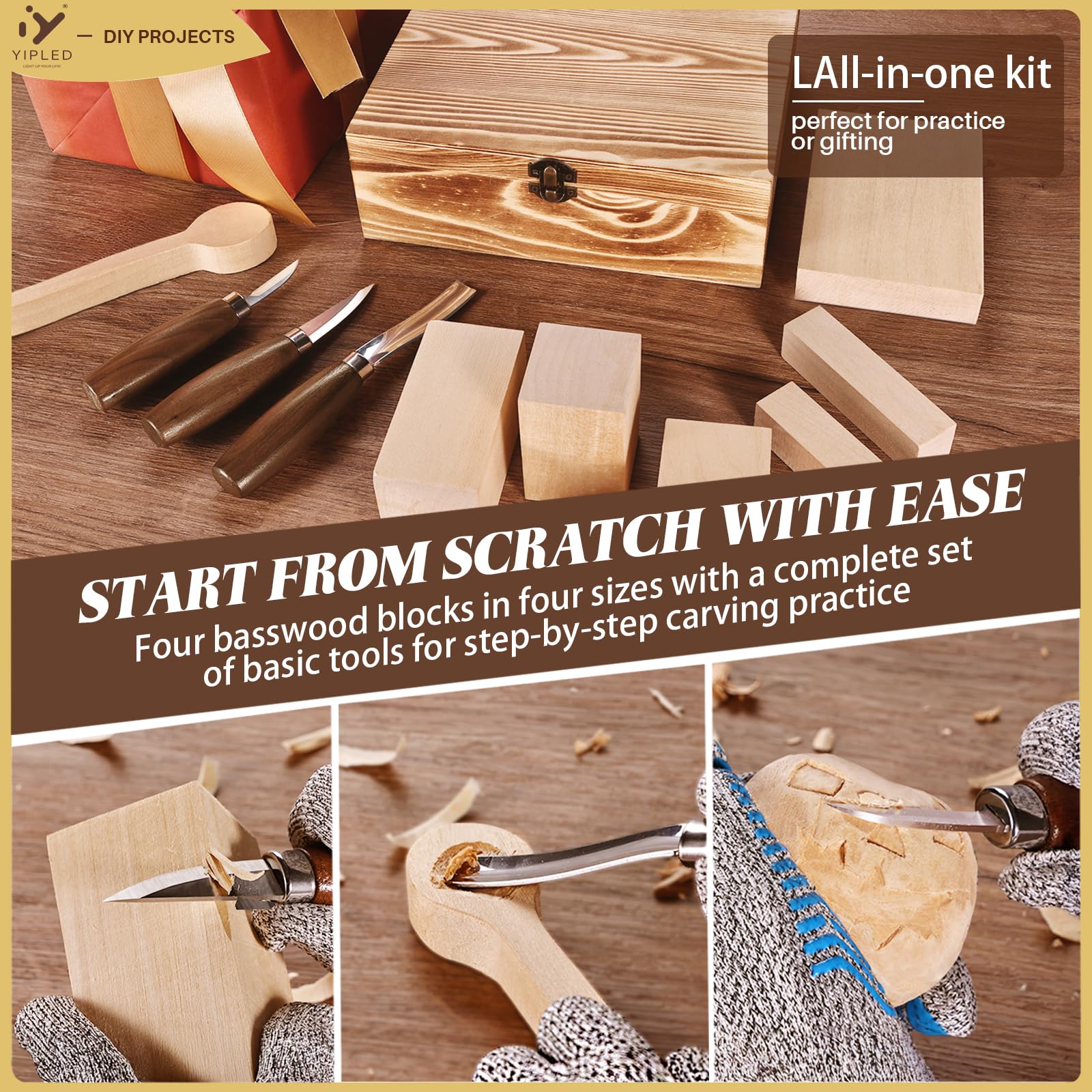 Kit de tallado de madera para principiantes, herramientas de tallado de madera con 3 cuchillos de corte, 6 bloques de tallado de tilo, guantes anticorte de grado 5, estropajo de cuero, compuesto de