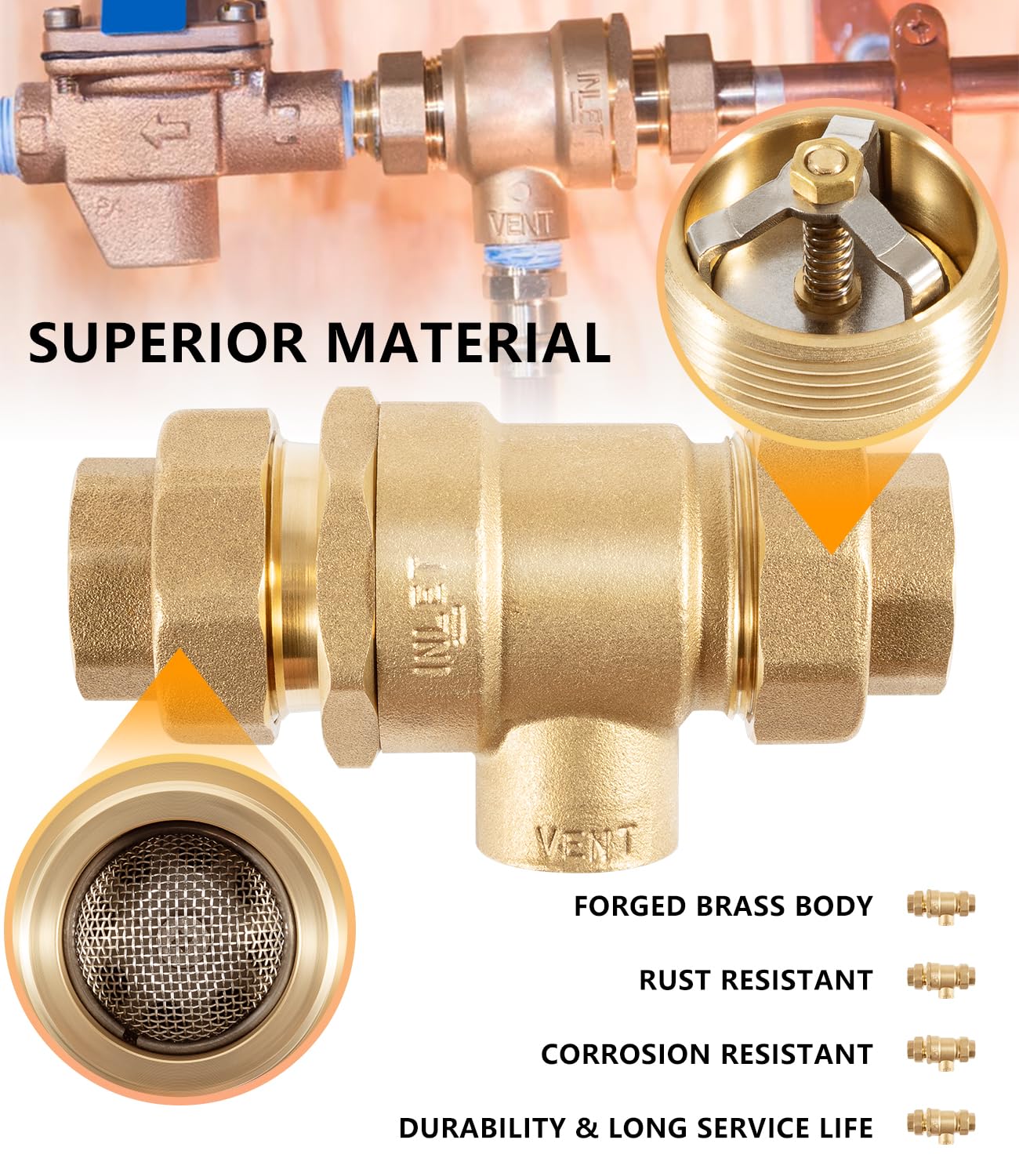 9D-M2 3/4 Inch Bronze Dual Check Valve Preventer di riflusso con sfiato atmosferico intermedio, connessioni di ingresso e uscita dell'Unione femmina