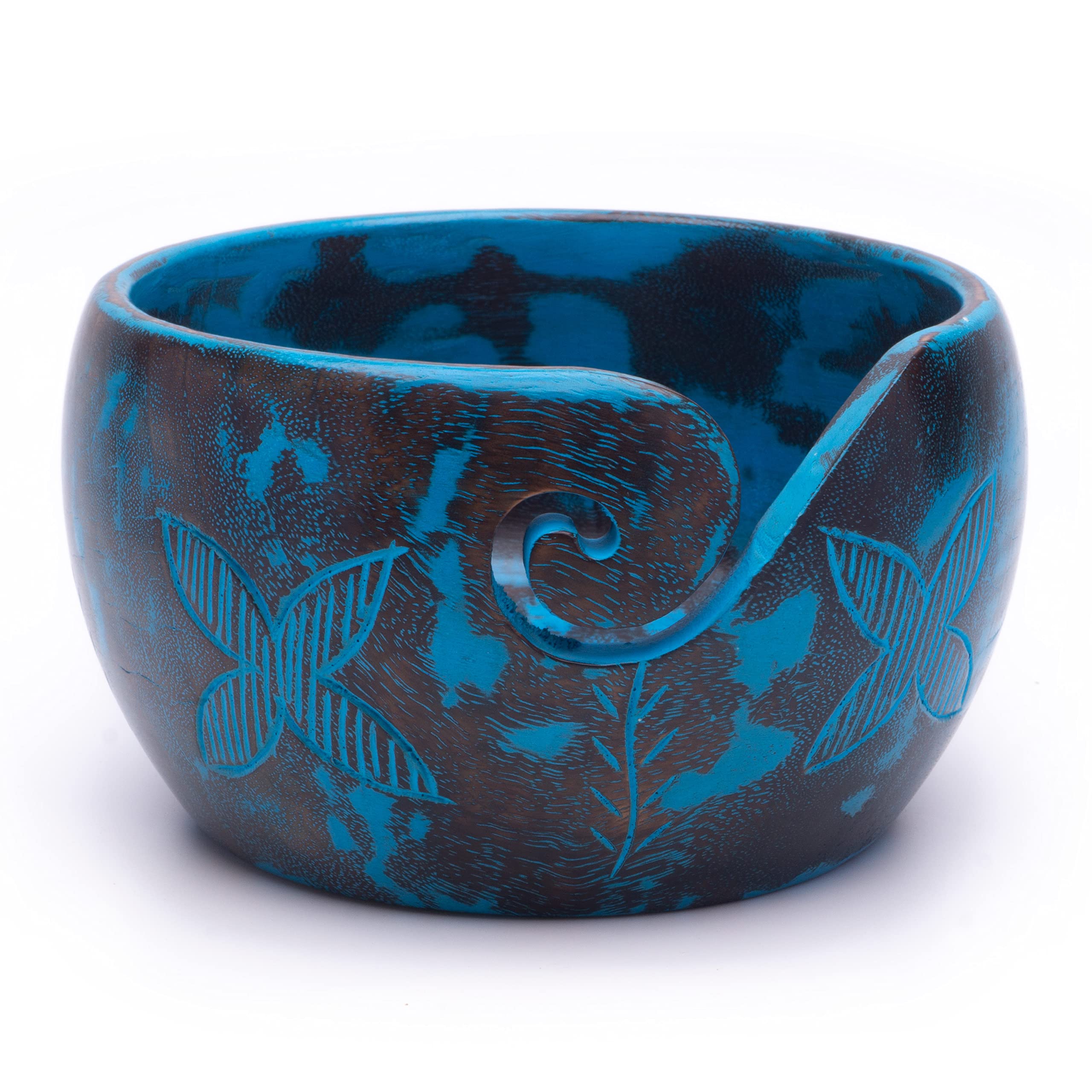 Large Wooden Yarn Bowl For Knitting & Crocheting - 7x4 Inch Handcrafted Wood Holder With Spiral Hook, Blue Design