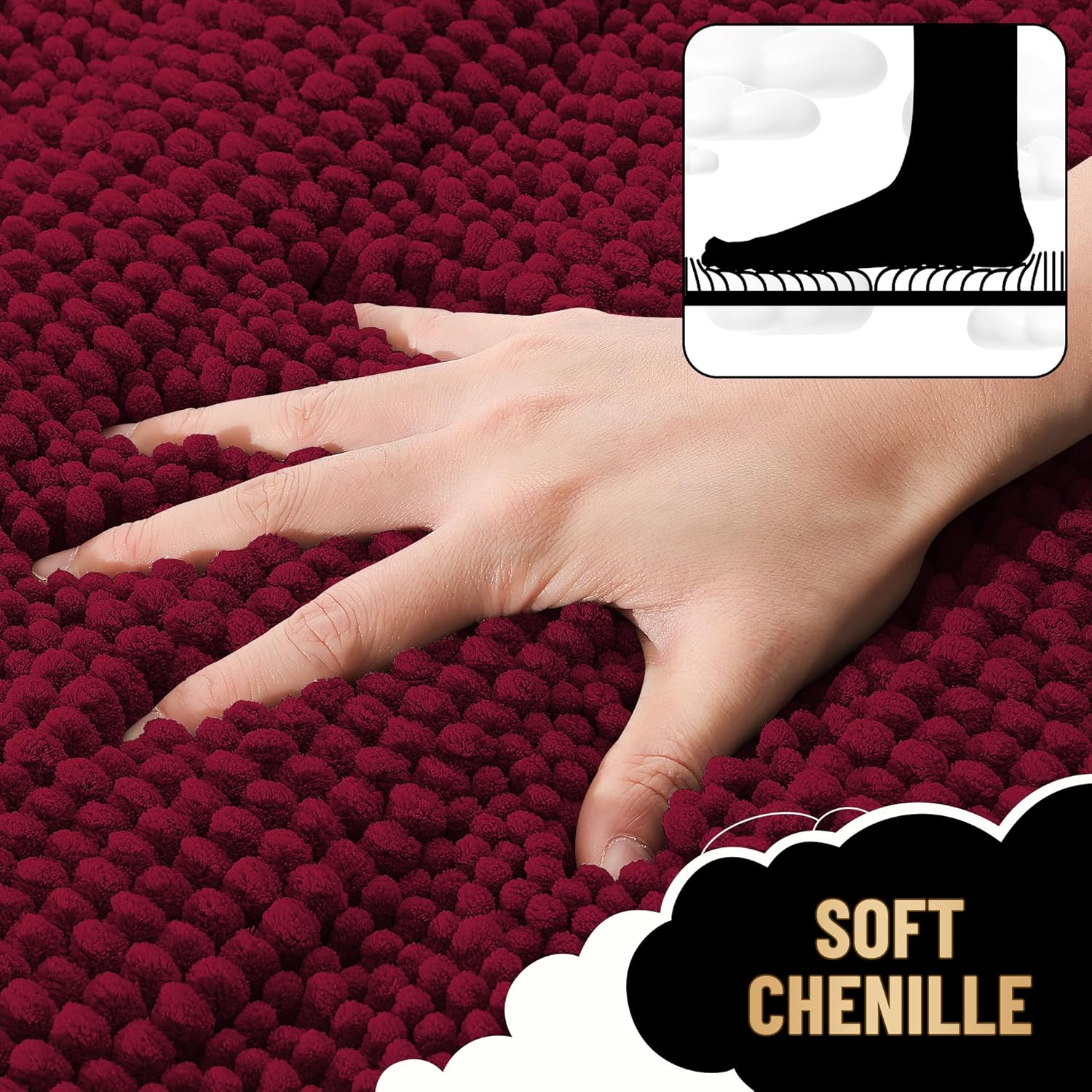 OLANLY Thick Bathroom Rugs 24x16, Extra Soft Absorbent Chenille Striped Bath Rugs, Rubber Backing, Machine Wash Dry, Bath Mats for Bathroom Floor, Tub and Shower, Home Decor Accessories, Burgundy - Image 2