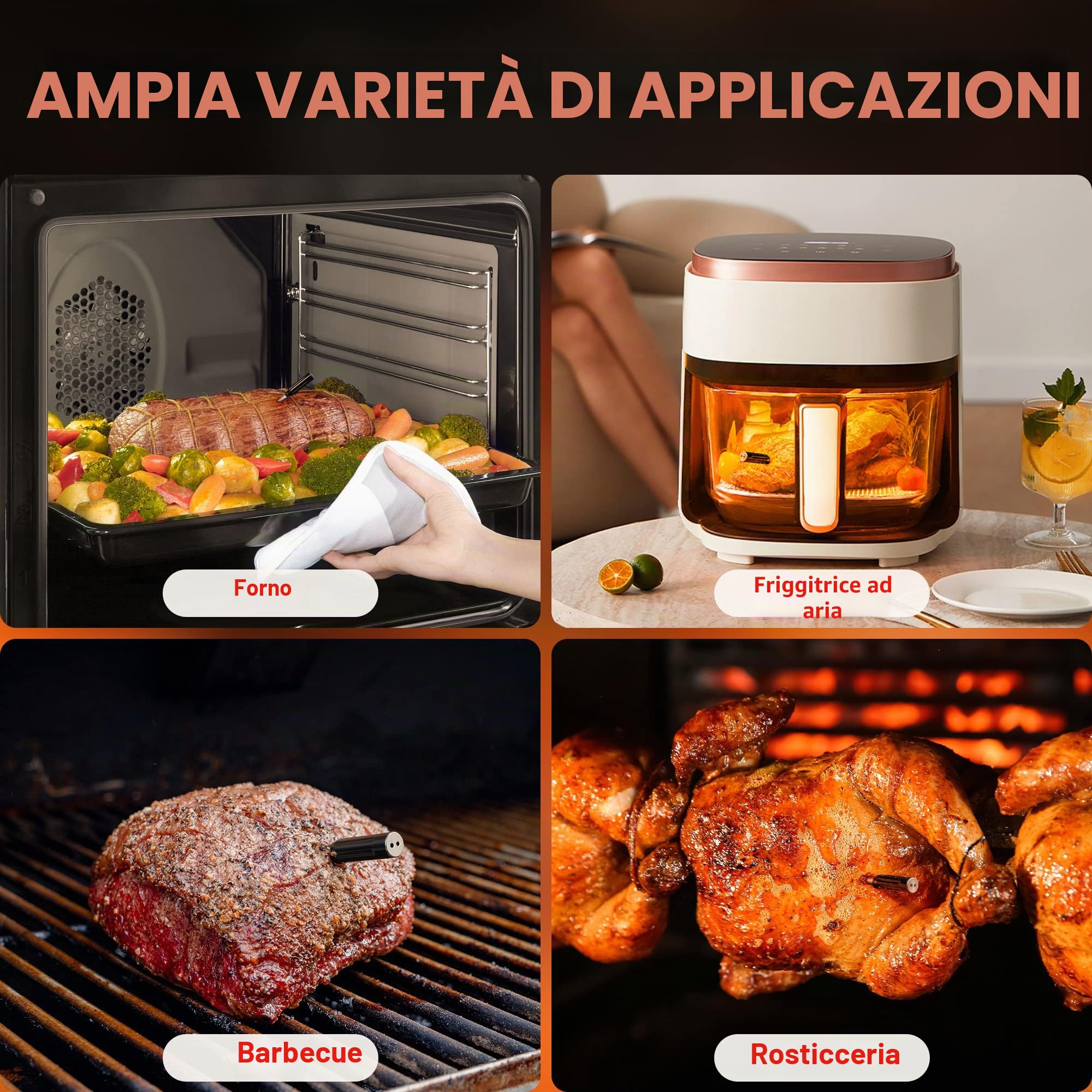 ThermoPro TempPro TP961 Termometro Barbecue Carne Wireless 150m Bluetooth da Cucina per Forno Grill Affumicatore Girarrosto Airfryer Sicuro in Lavastoviglie con Sonda Inossidabile IP67