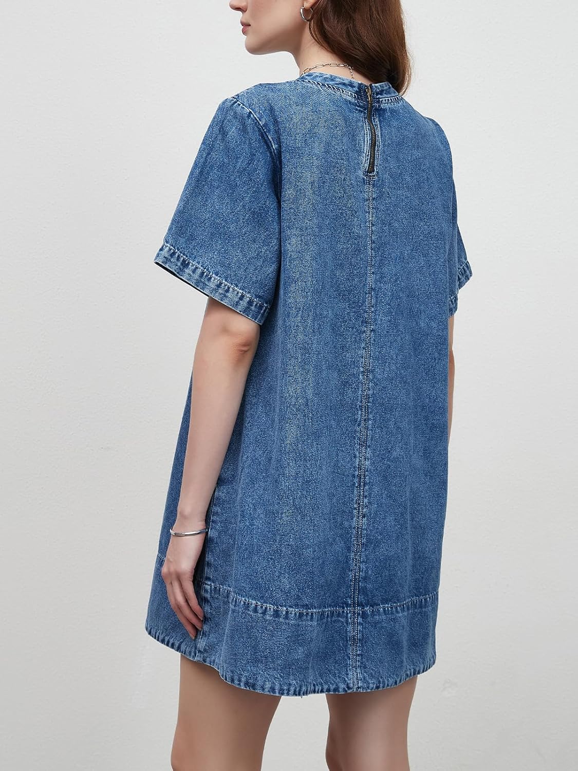 LifeShe Denim Dress for Women Summer Casual Short Sleeve Chambray Mini Jean Dresses with Pockets - Image 3