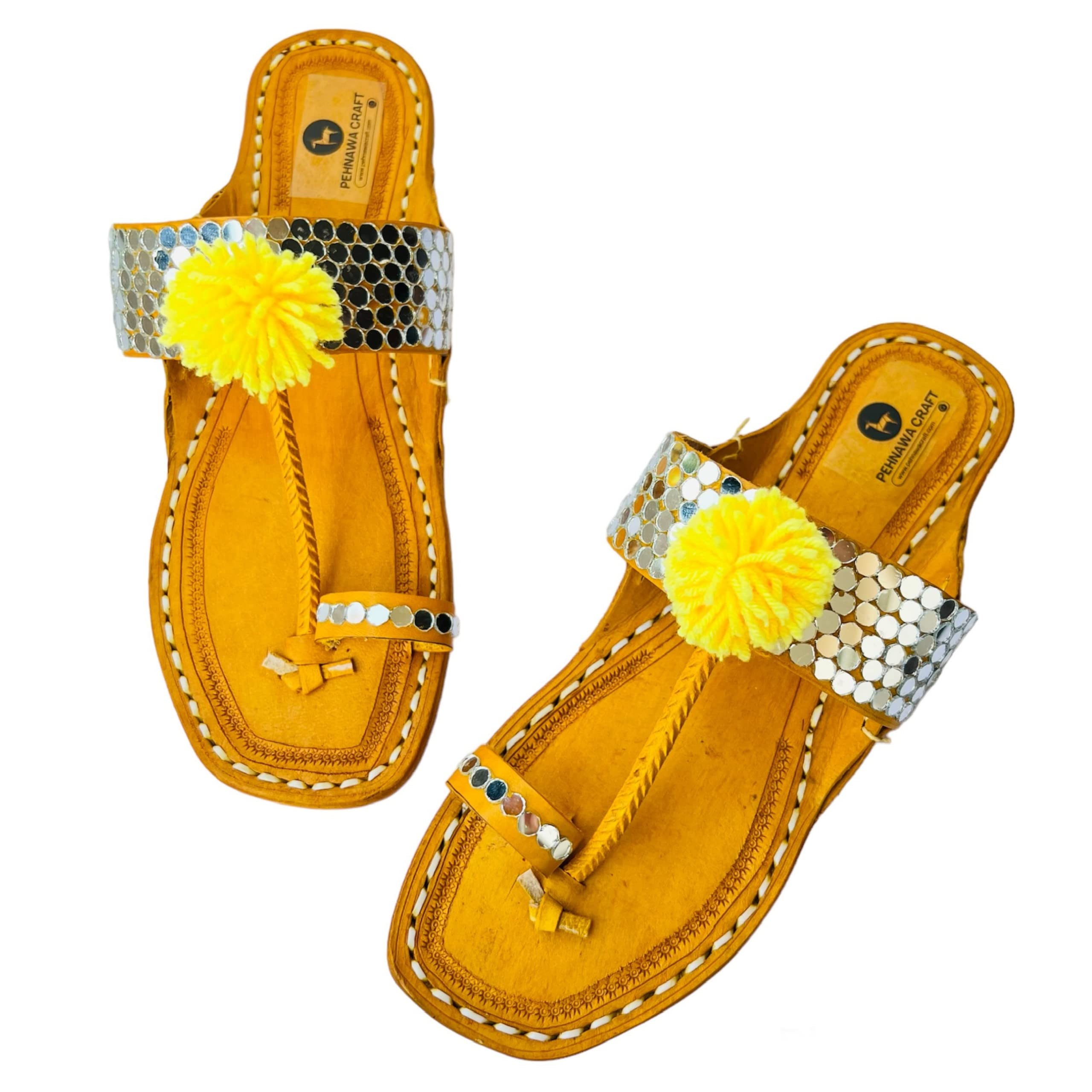 Yellow Pompom Mirror Original Kolhapuri Ethnic Flats for Women | Leather Fancy kollapur Chappal | Stylish Ladies Bridal Sandal | Traditional kolapuri Footwear | kohlapuri for Girl-image-20
