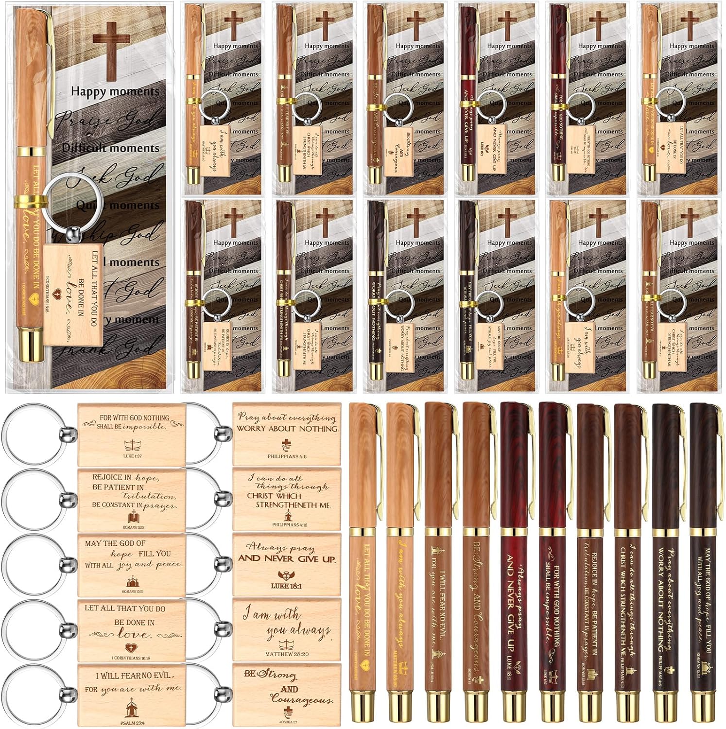 Spakon 20 Sets Father's Day Christian Gifts for Men Bible Verse Ballpoint Pens Religious Scripture Bookmarks with Wood Keychains Bulk Father's Day Church Gifts for Baptism Clergy Sunday School