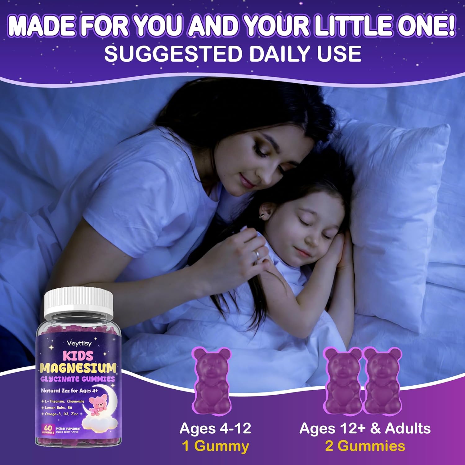 Magnesium Glycinate Gummies for Kids 4+: Sugar Free Magnesium Bisglycinate Gummy with Chamomile, L-Theanine, Lemon Balm, B6, Omega 3, Zinc - Gluten Free, Non-GMO, Vegan, Mixed Berry Flavor - Image 7