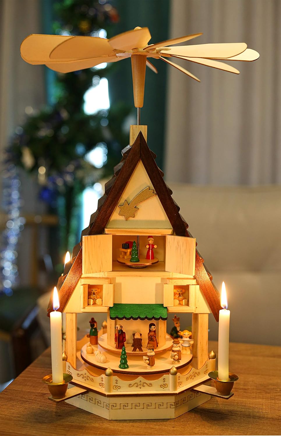 BRUBAKER Christmas Pyramid - Holy House - 19.3 Inches - Wooden Rotating Christmas Decoration Nativity Play - Hand-Painted Figures - Designed in Germany