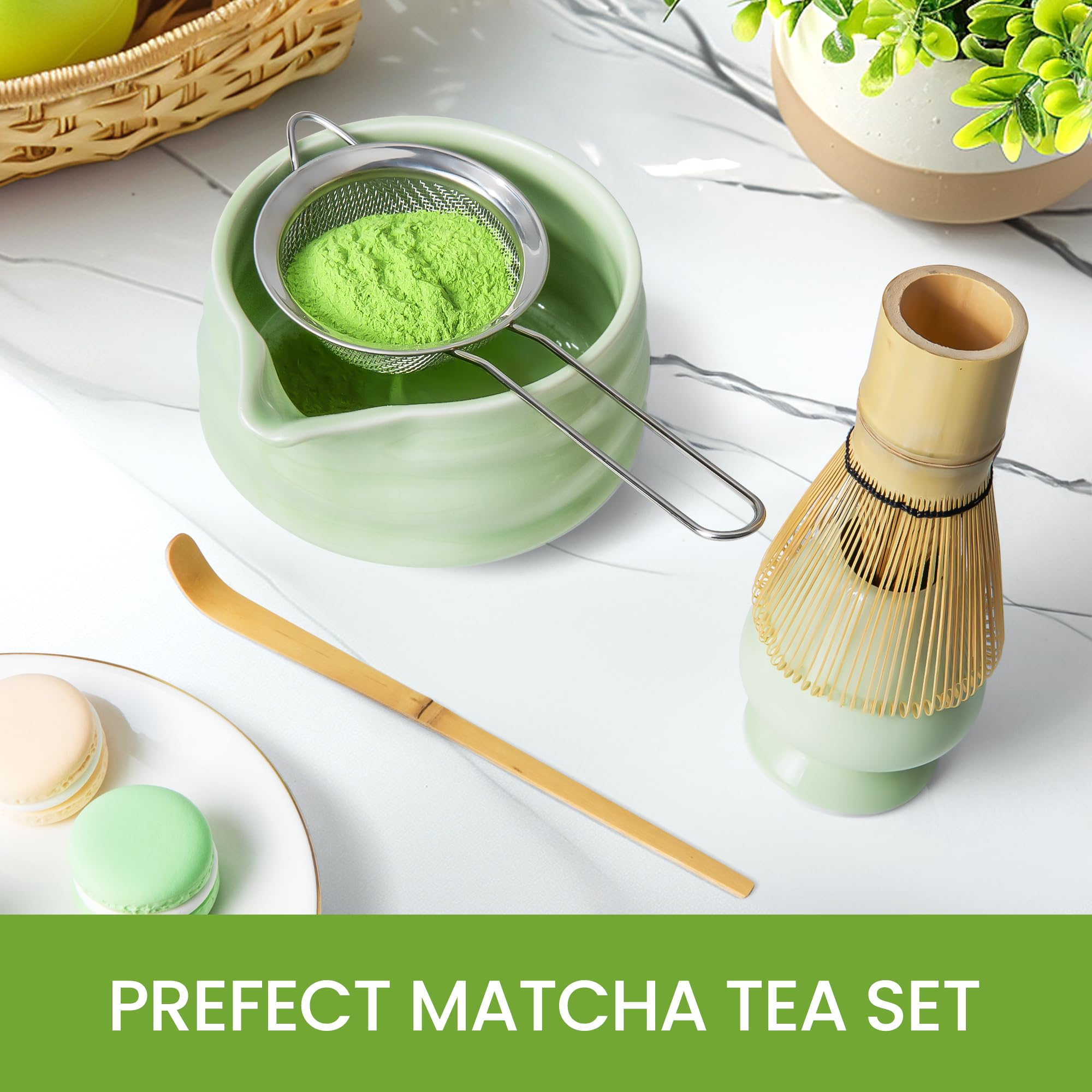 ELIMTEC Matcha-Schneebesen-Set und Schüssel-Set, Grün, 9-teilig