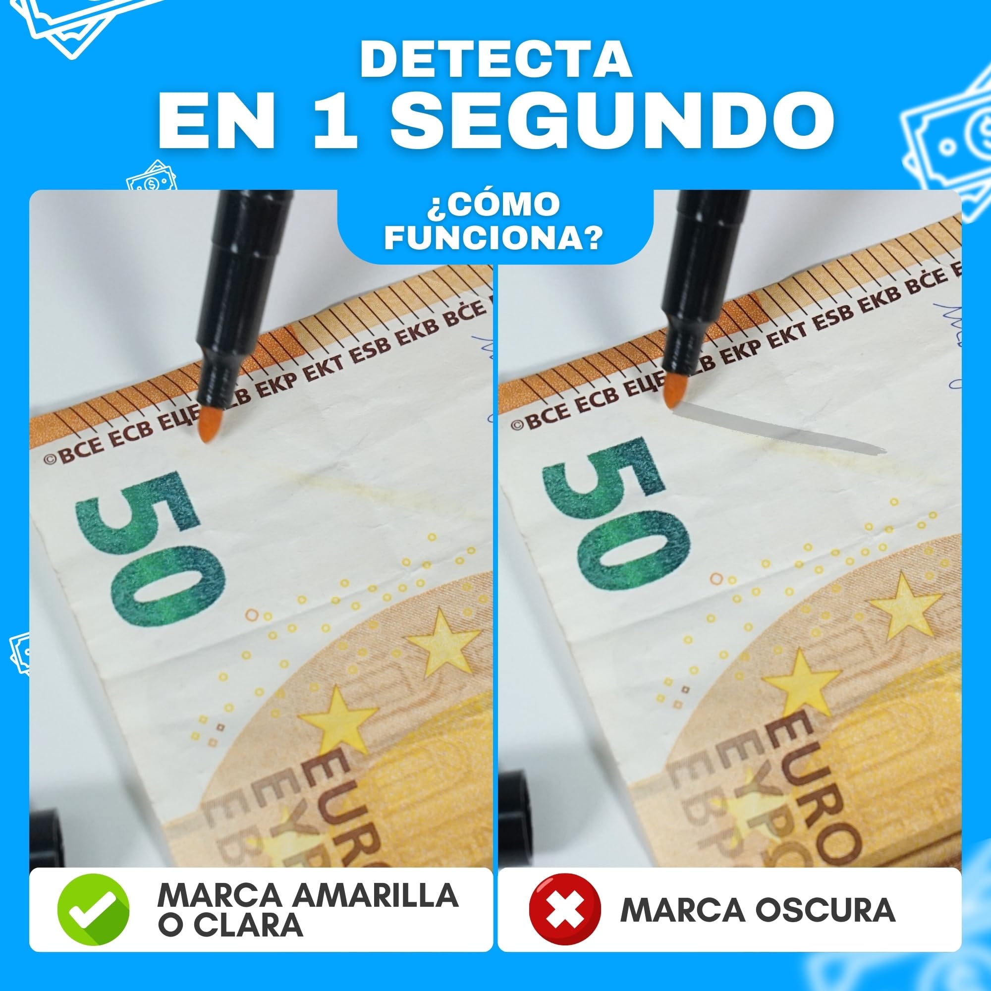 Rotulador Detector de Billetes Falsos 6 Uds Comprobación Rápida Euros Dólares Libras