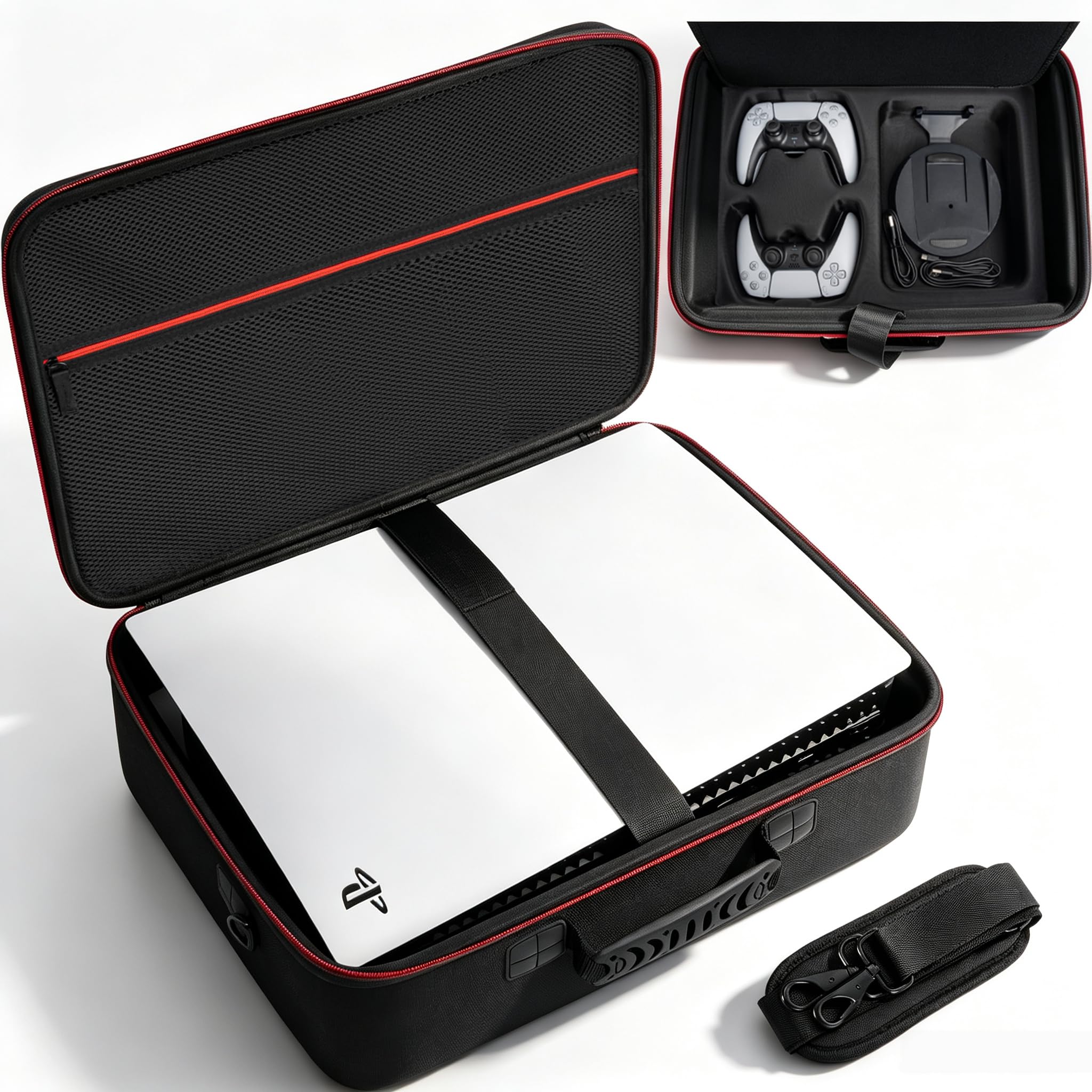 GMAK Custodia rigida per PS5, custodia protettiva da viaggio compatibile con Playstation 5, controller DualSense, base, cavi e altri accessori, custodia in EVA con tracolla per PS5, nera