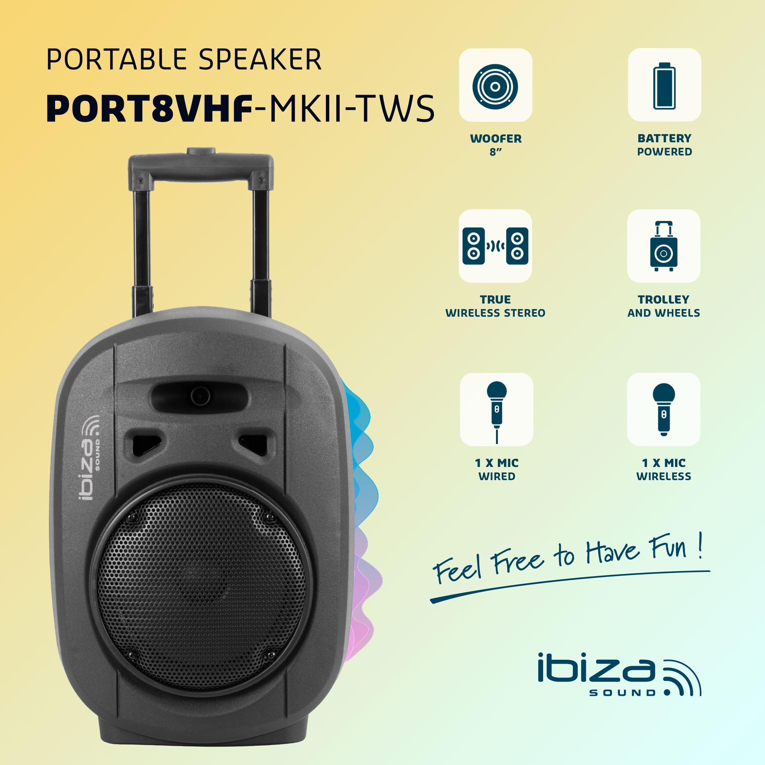 Ibiza PORT8UHF-MKII-TWS Tragbarer 8" Lautsprecher 400 W MAX Bluetooth USB SD TWS 6-8 Stunden Akkulaufzeit