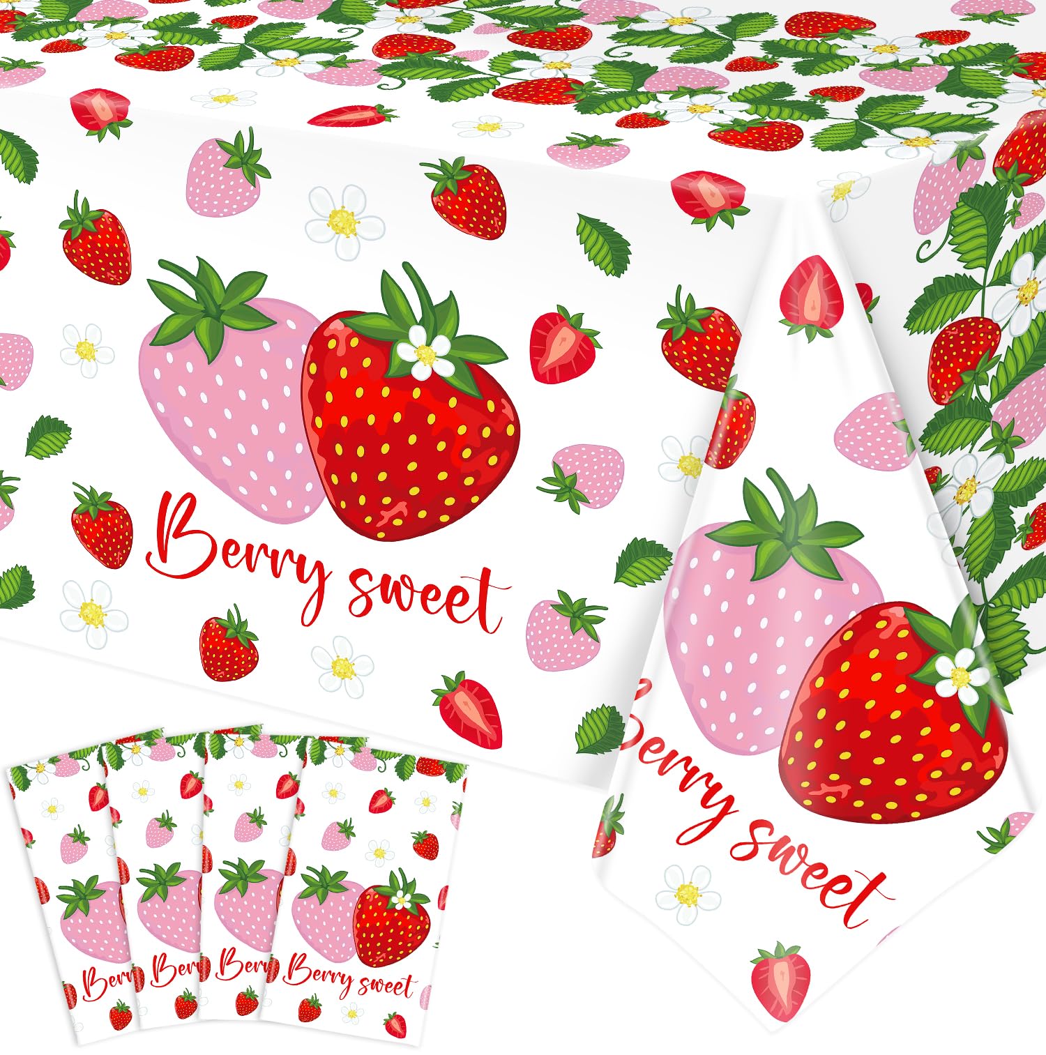 YJZCP 4 Pack Strawberry Tablecloth Berry Sweet One Disposable Table Cloth Pink Strawberry Birthday Party Decorations Fruit Theme Party Table Covers for Girls Berry Party Baby Shower Supplies 51X86IN