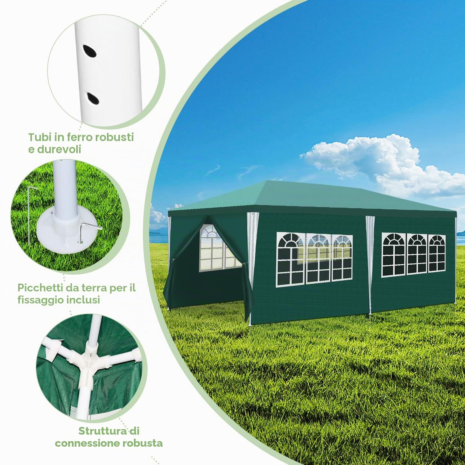 Sonnewelt Gazebo da giardino, 3 x 6 m, impermeabile, in PE di alta qualità, resistente ai raggi UV, 100 g/m², con 6 lati di colore verde