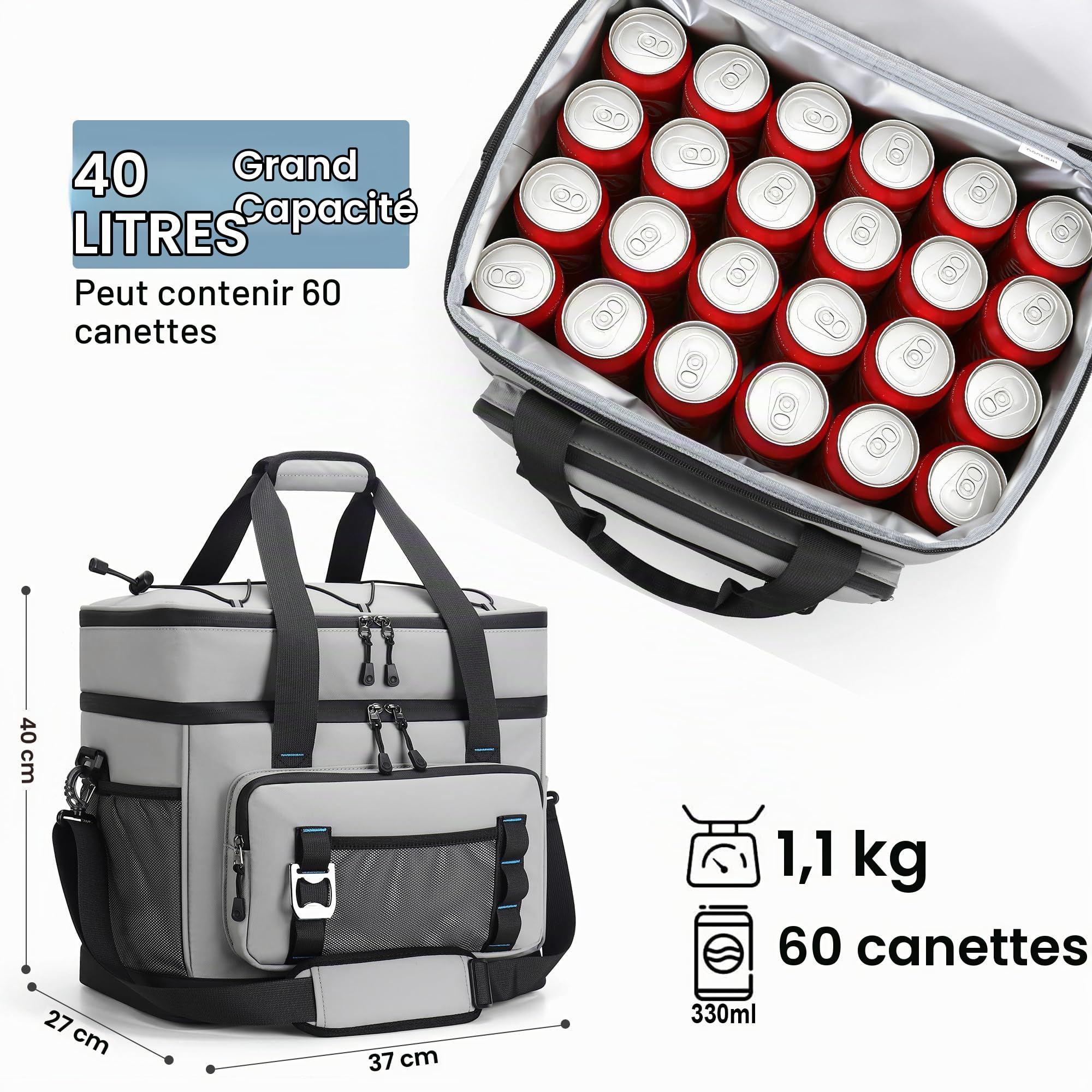 Glaciere Souple Isotherme, 40L Grand Sac Glacière Pliable, Sac Isotherme Imperméable à Double Couche Sac Pique Nique