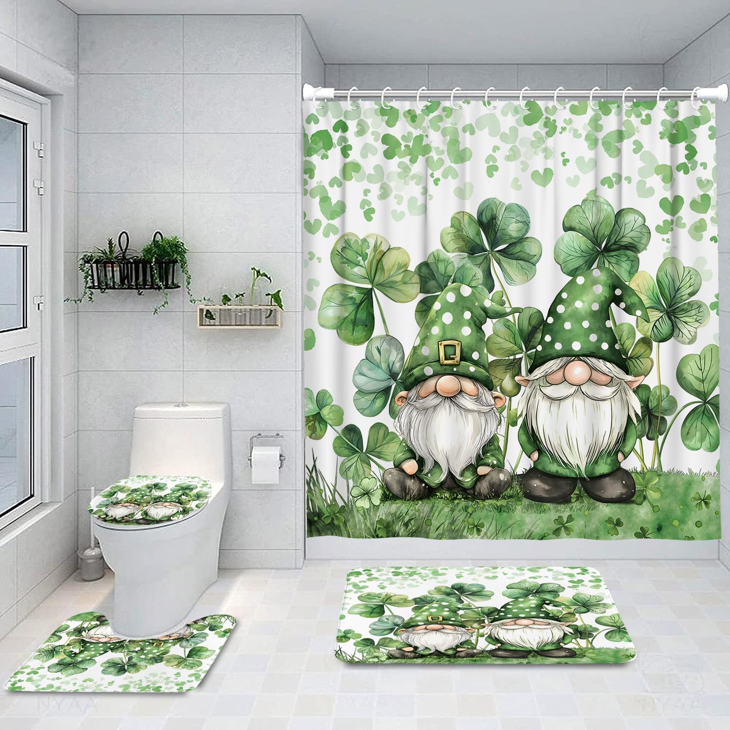 4Pcs Shower Curtain Sets, Watercolor St Patricks Day with Gnomes Bathroom Decor Set with Rugs and Accessories, Bathroom Decor Sets, 72 x 72 Inches