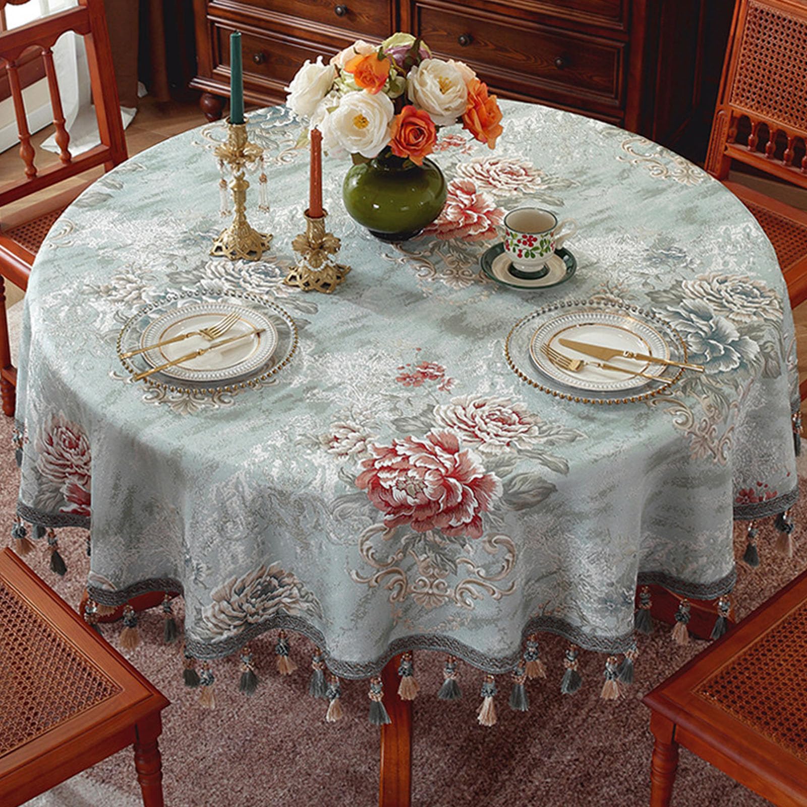Nappe ronde 160 cm en bordure tissée au design rétro chic