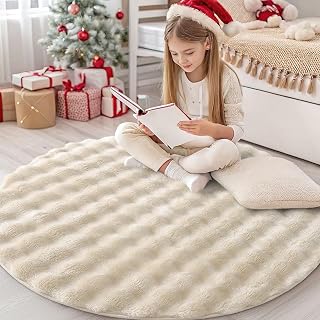 Homaxy Long Pile Carpet 3D Bubble Print Soft Washable Non-slip Small Carpet for Living Room Kids Room Bedroom 120cm Round Beige